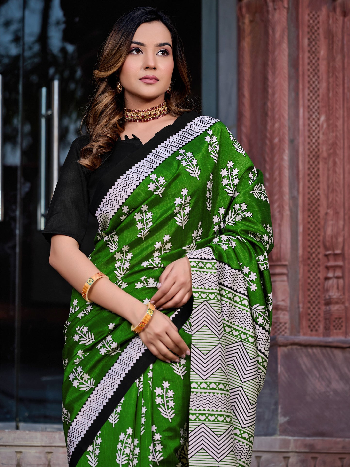 Women's Bhagalpuri Silk Green Printed Designer Saree With Blouse Piece