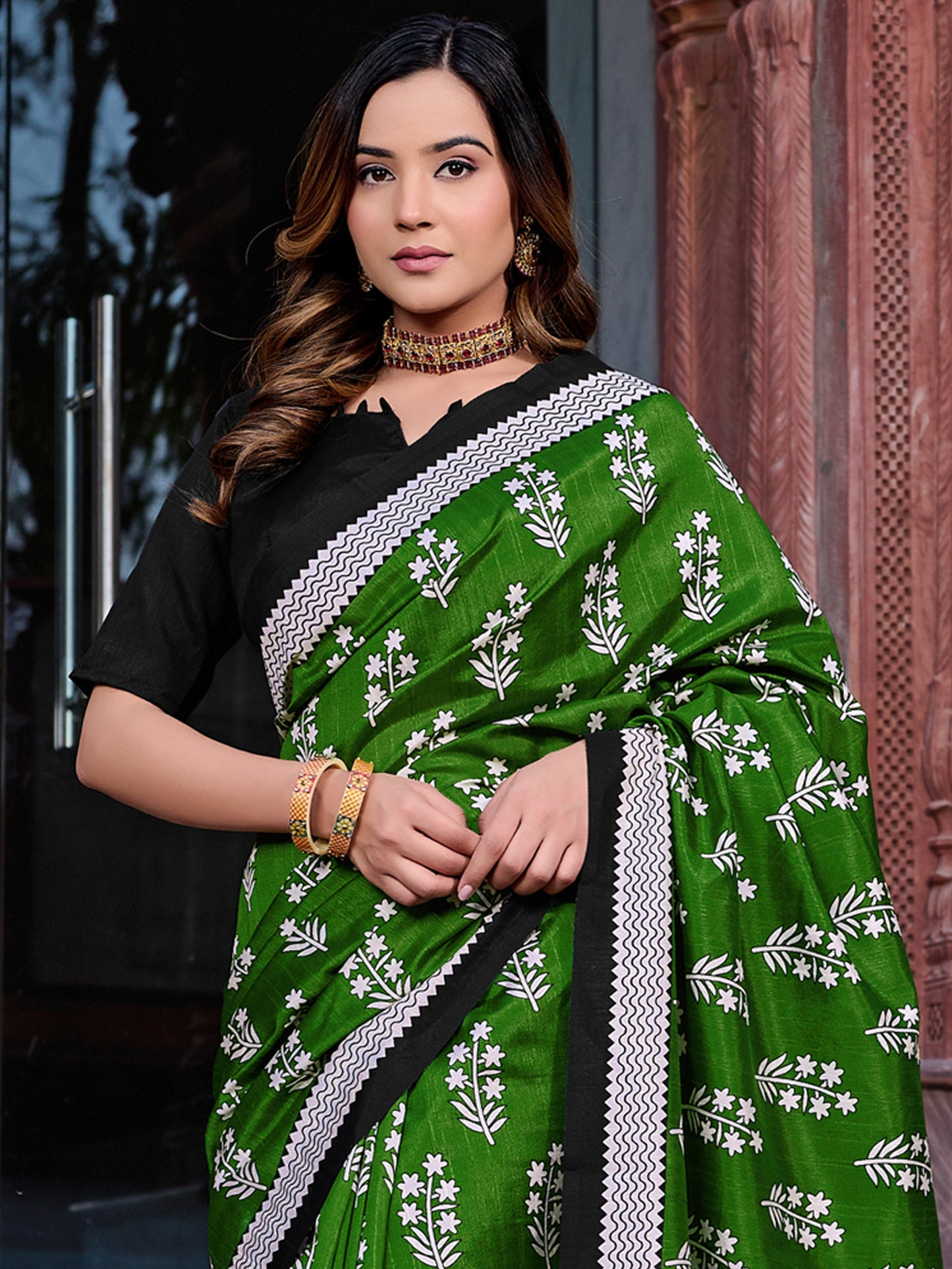 Women's Bhagalpuri Silk Green Printed Designer Saree With Blouse Piece