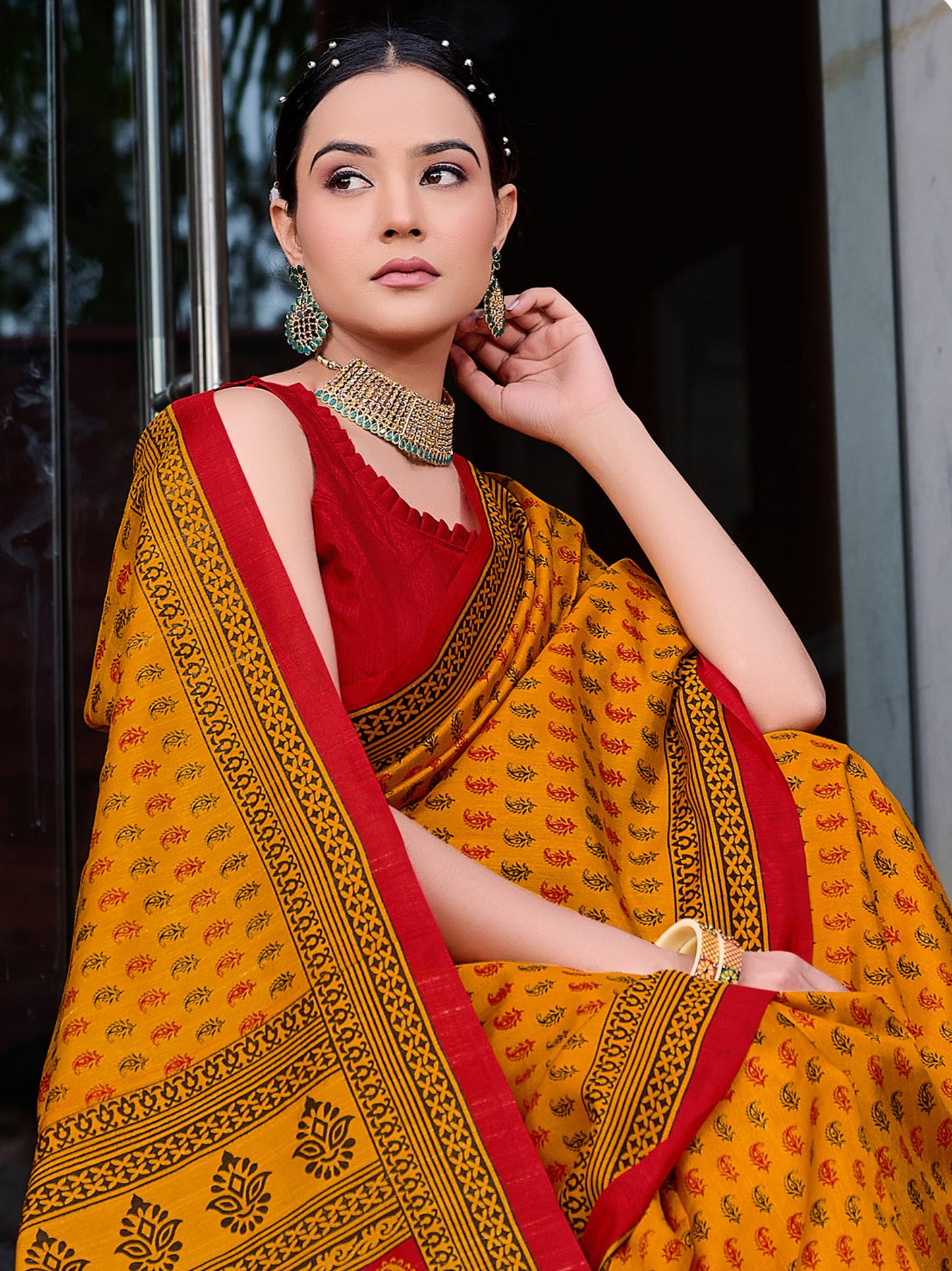 Women's Bhagalpuri Silk Mustard Printed Designer Saree With Blouse Piece