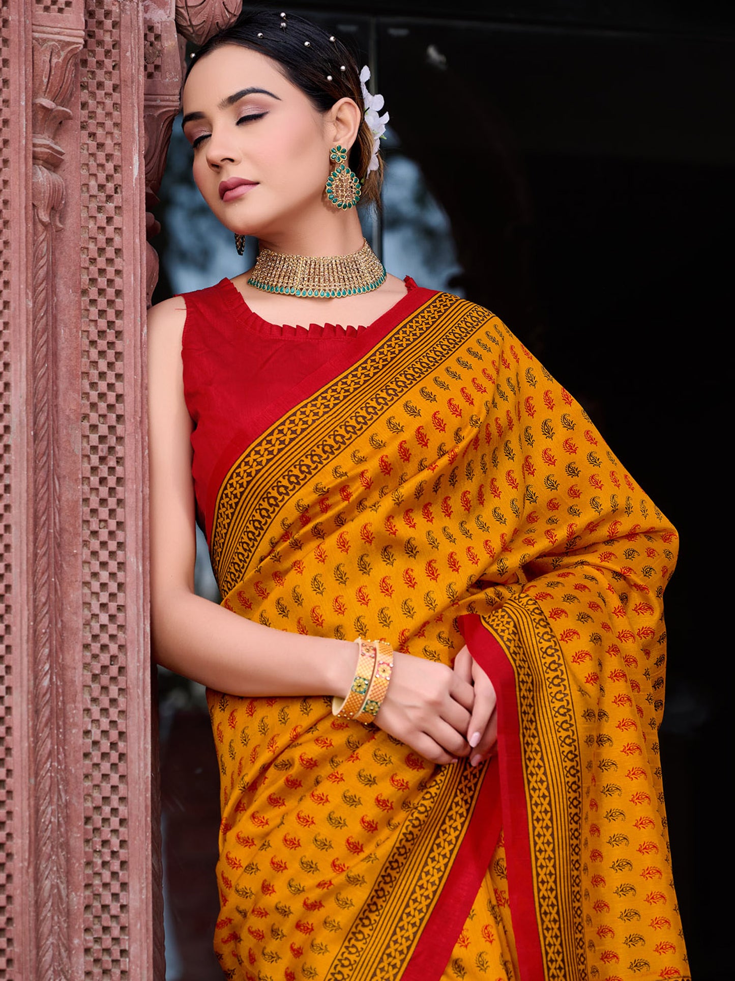 Women's Bhagalpuri Silk Mustard Printed Designer Saree With Blouse Piece