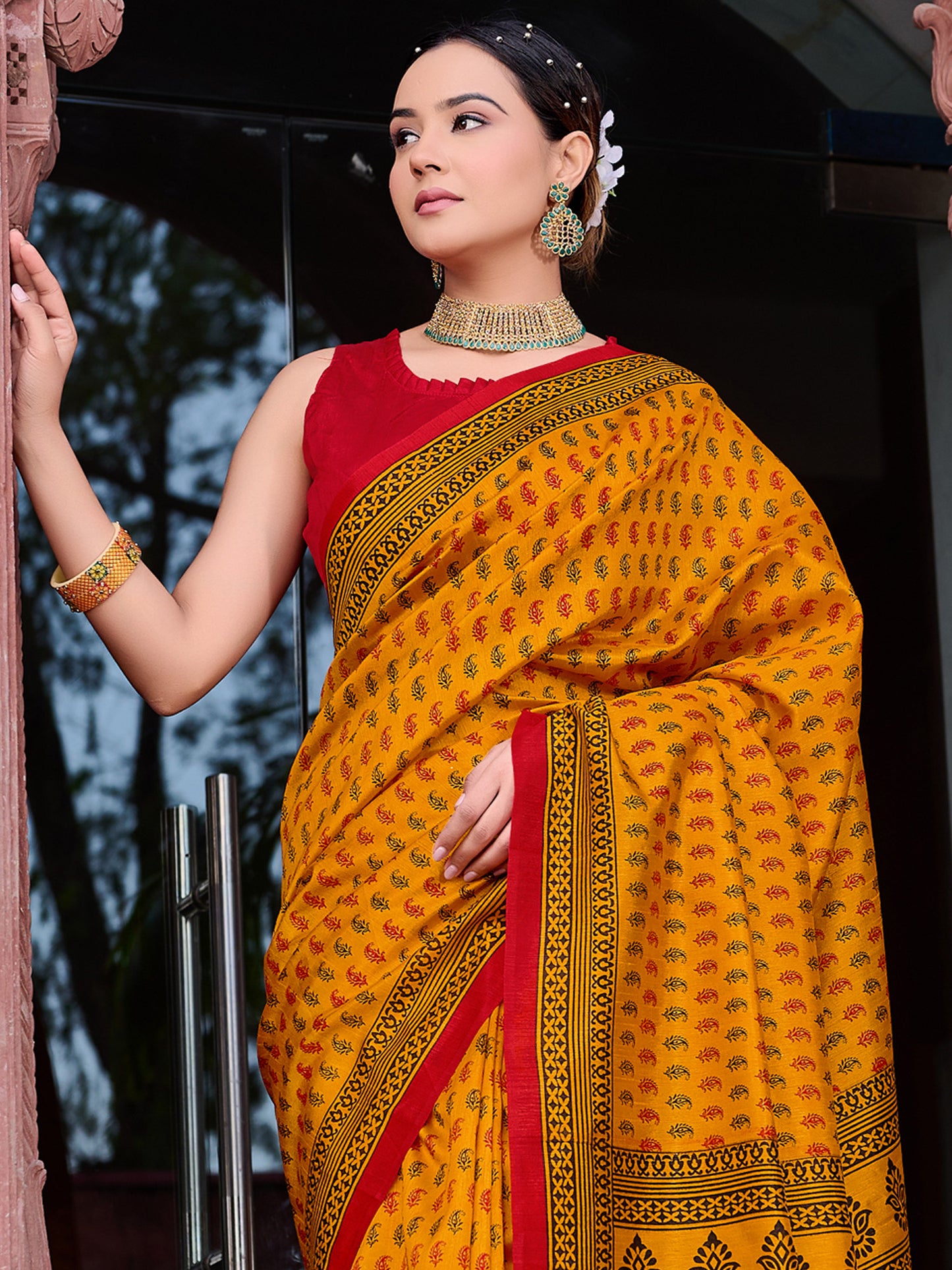 Women's Bhagalpuri Silk Mustard Printed Designer Saree With Blouse Piece