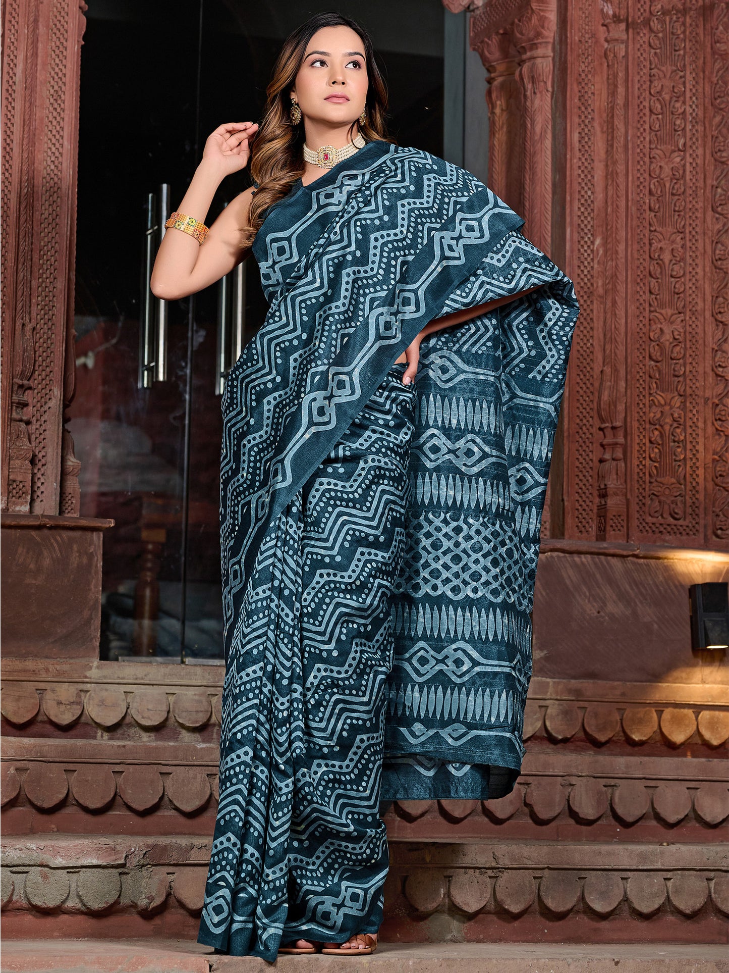 Women's Bhagalpuri Silk Teal blue Printed Designer Saree With Blouse Piece
