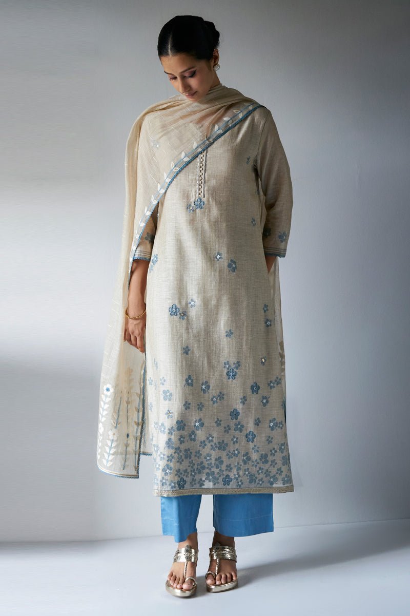 Women's Beige Woven Viscose Chanderi Kurta Suit Set With Delicate Hand Work Detailing