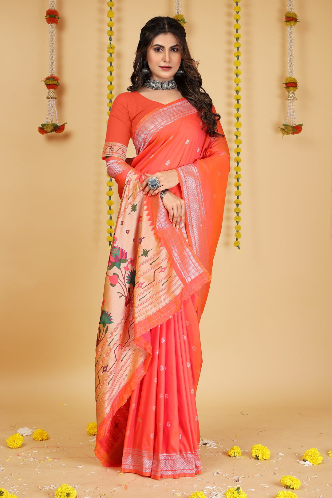 Dhiyona GR Women's Mastani Peachy Pink Zari Paithani Silk Saree