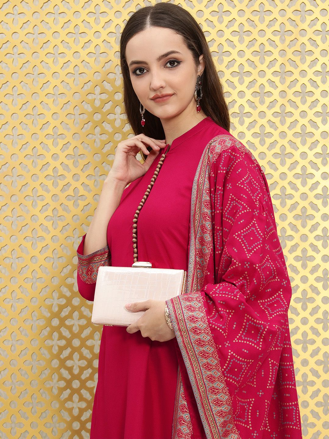 Dhiyona OD Women Pink Bandhani Kurta with Trousers & With Dupatta