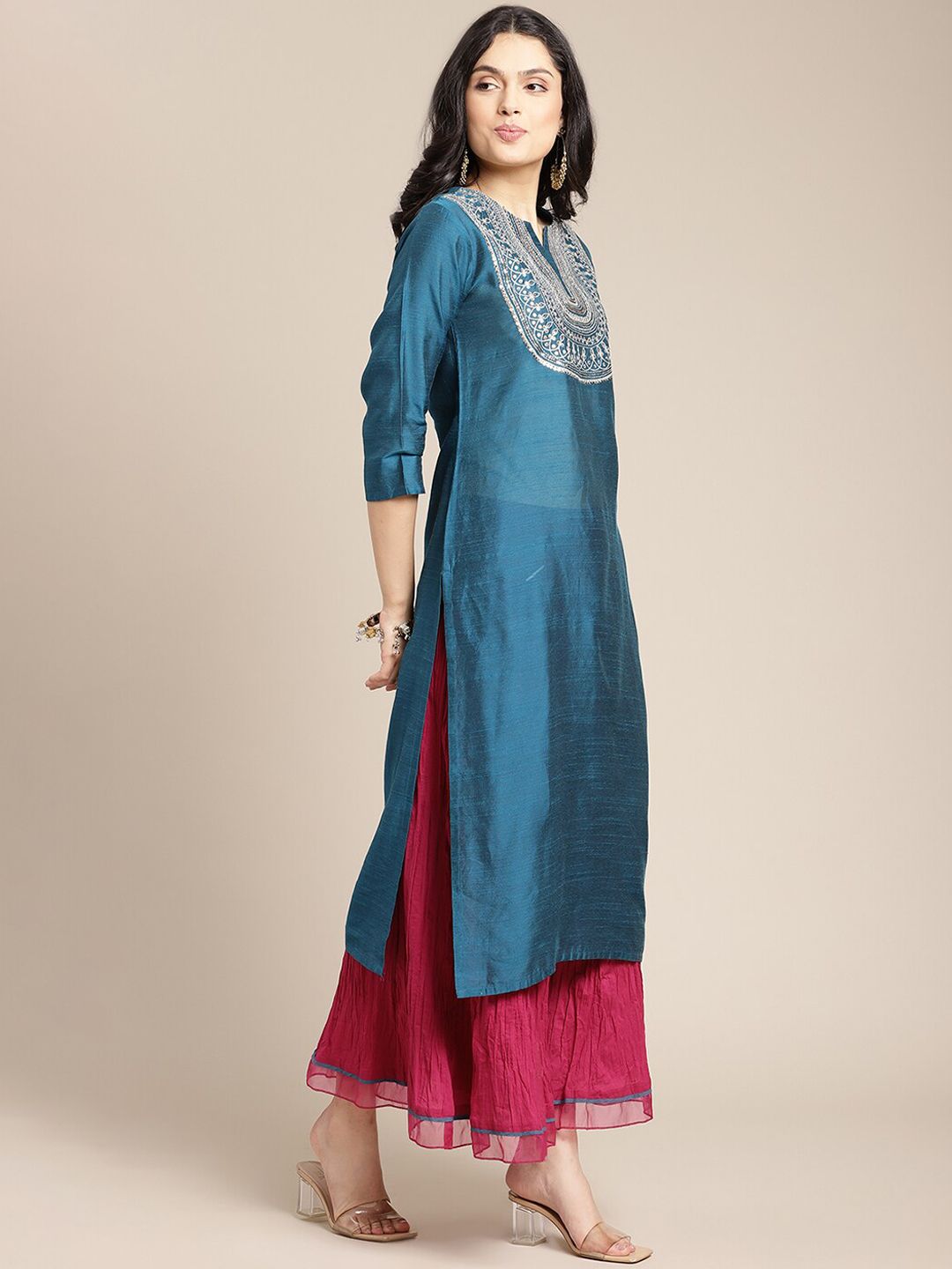 Dhiyona VA Women's Teal & Red Embroidered Kurta & Palazzo With Dupatta