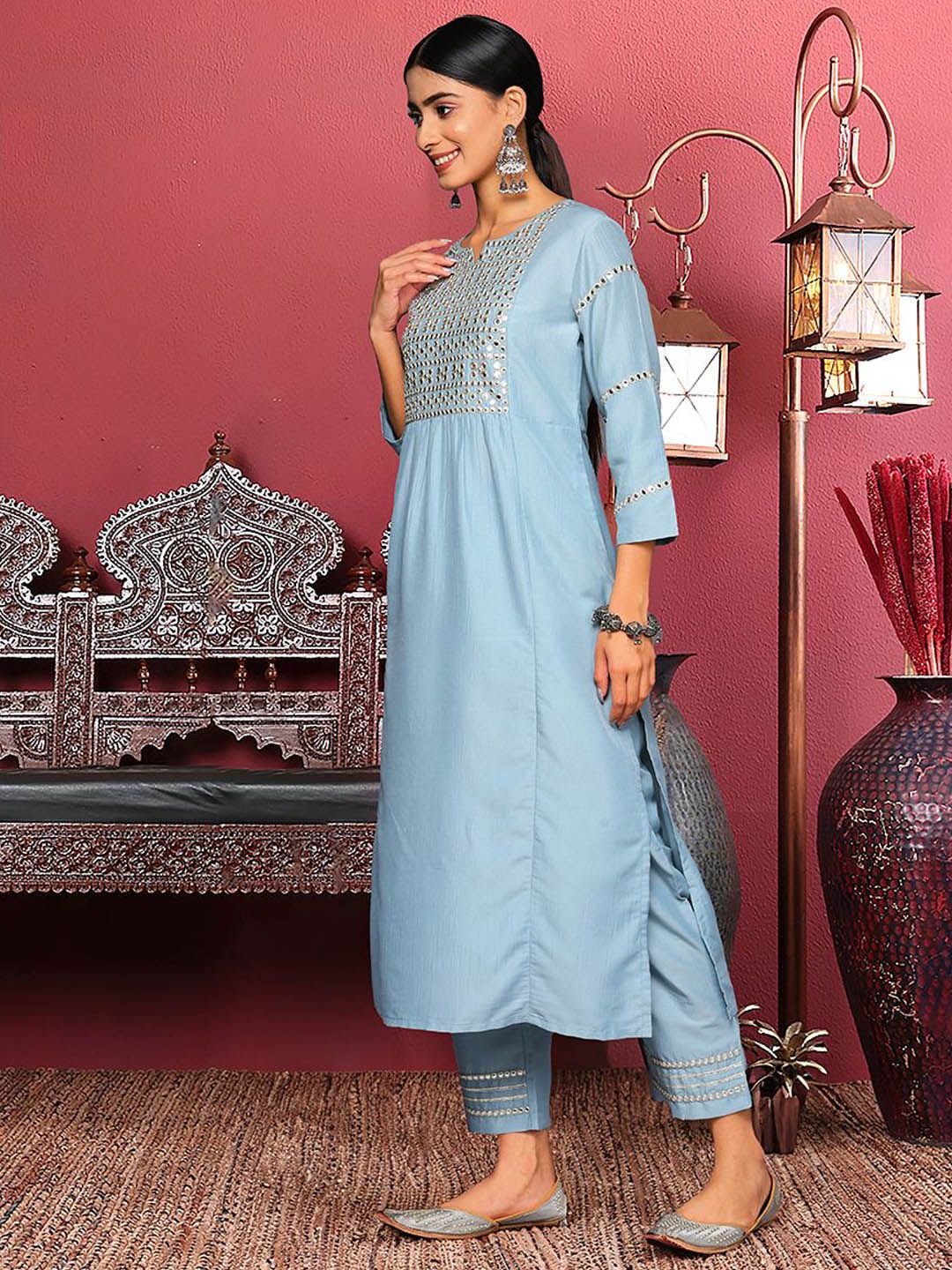 Dhiyona VA Women'sBlue Floral Embroidered Mirror Work Straight Kurta With Trousers & Dupatta