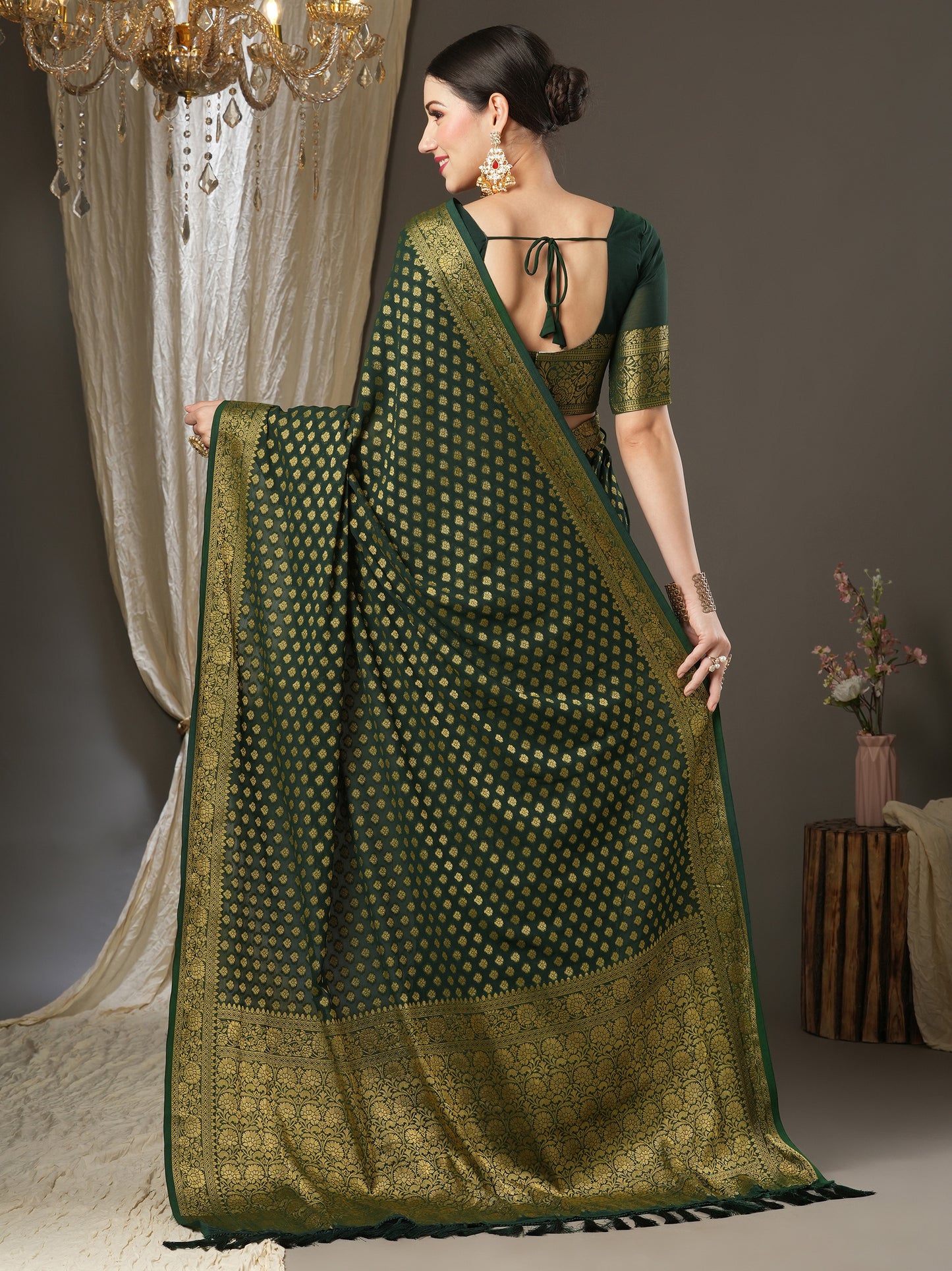 Women's Georgette Green Woven Design Designer Saree With Blouse Piece
