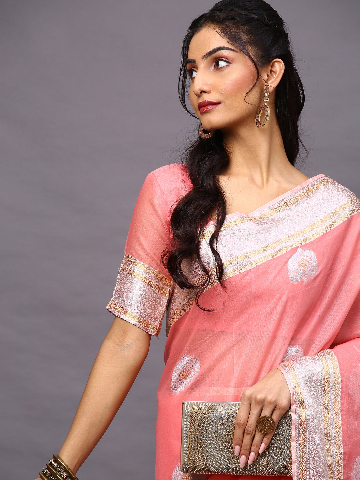 Women's Silk Cotton Pink Woven Design Woven saree With Blouse Piece