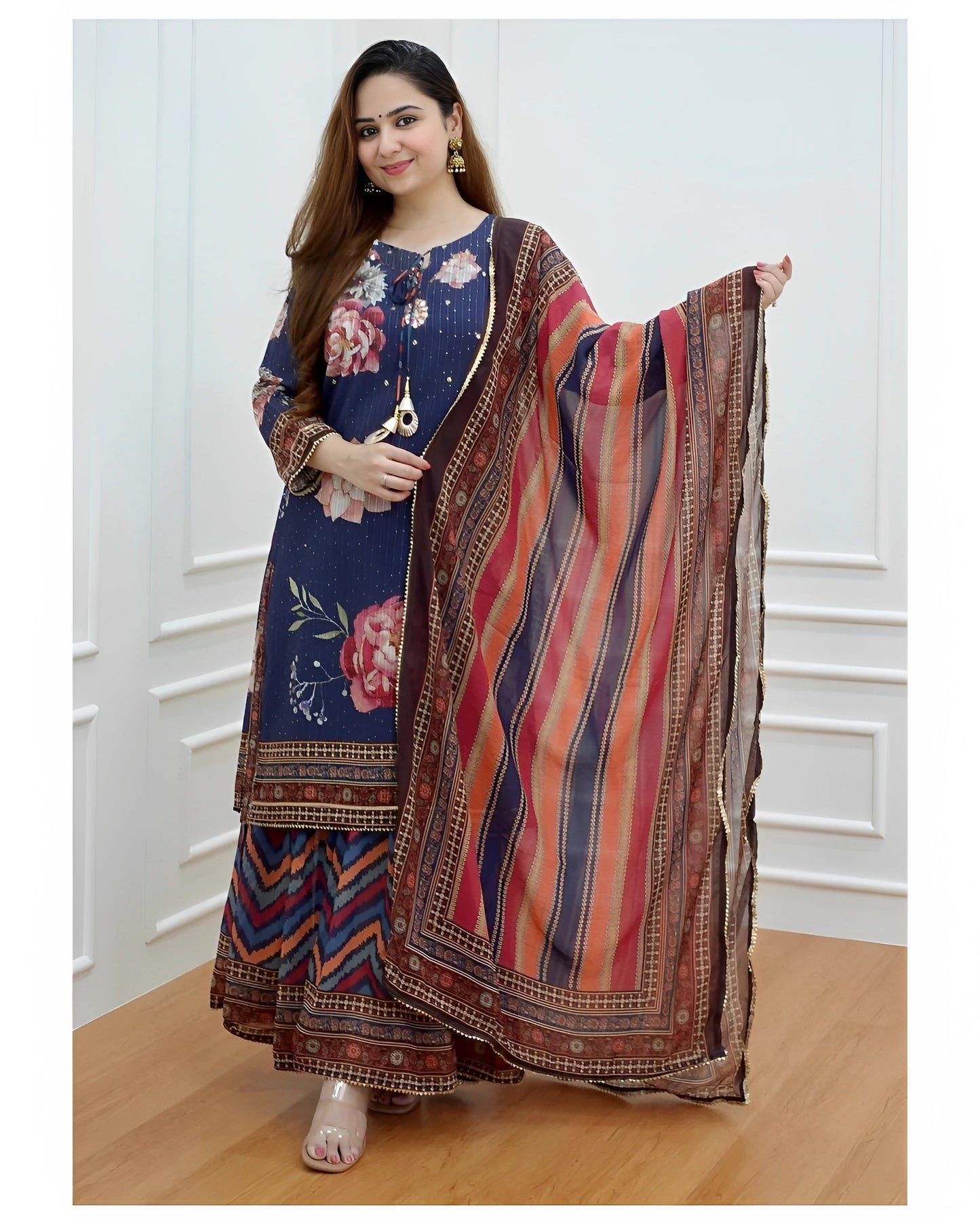 Women Blue Printed Viscose Rayon Kurta, Sharara And Dupatta Set