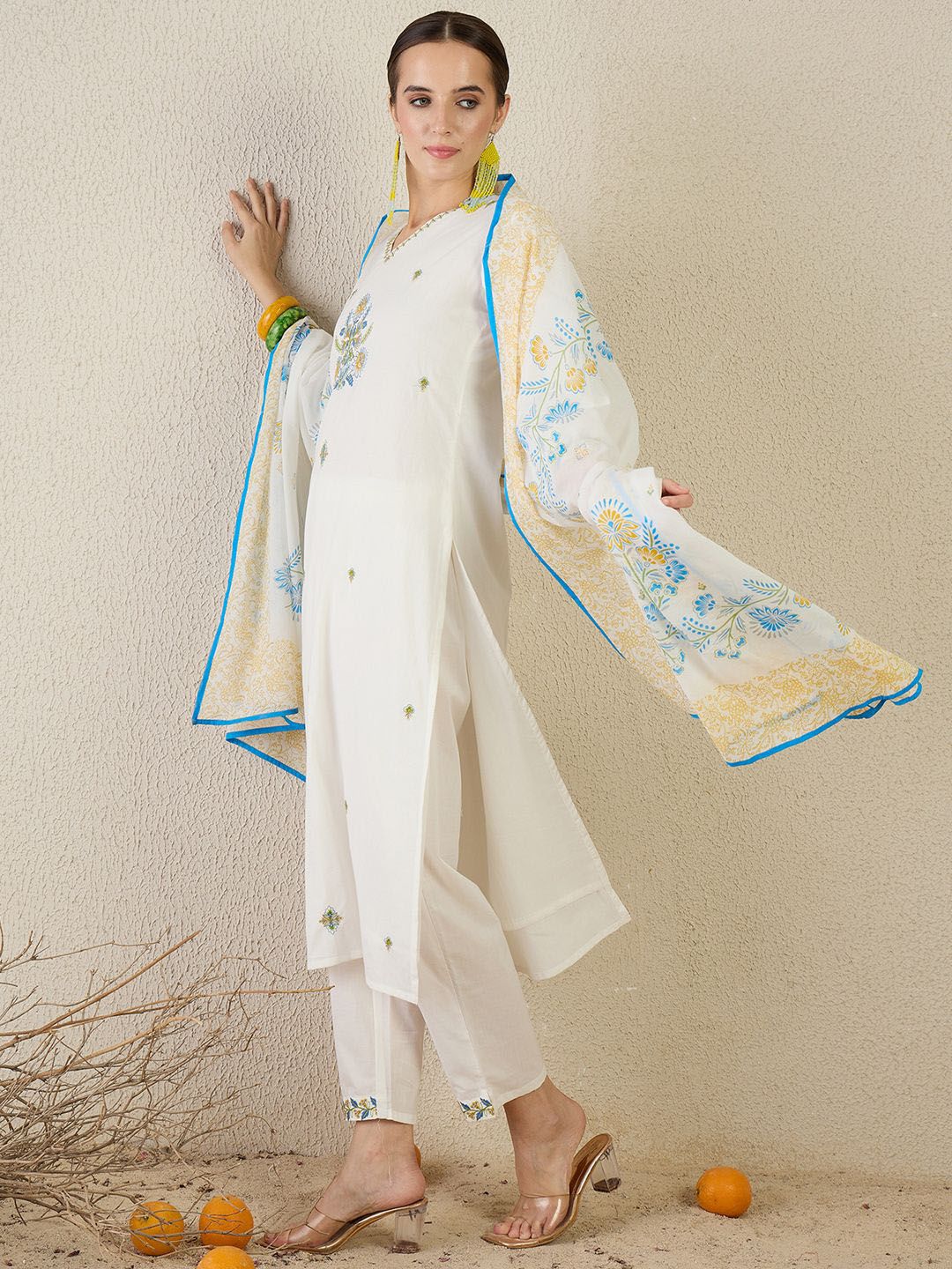 Women Floral Embroidered Cotton Kurta with Trousers & Dupatta