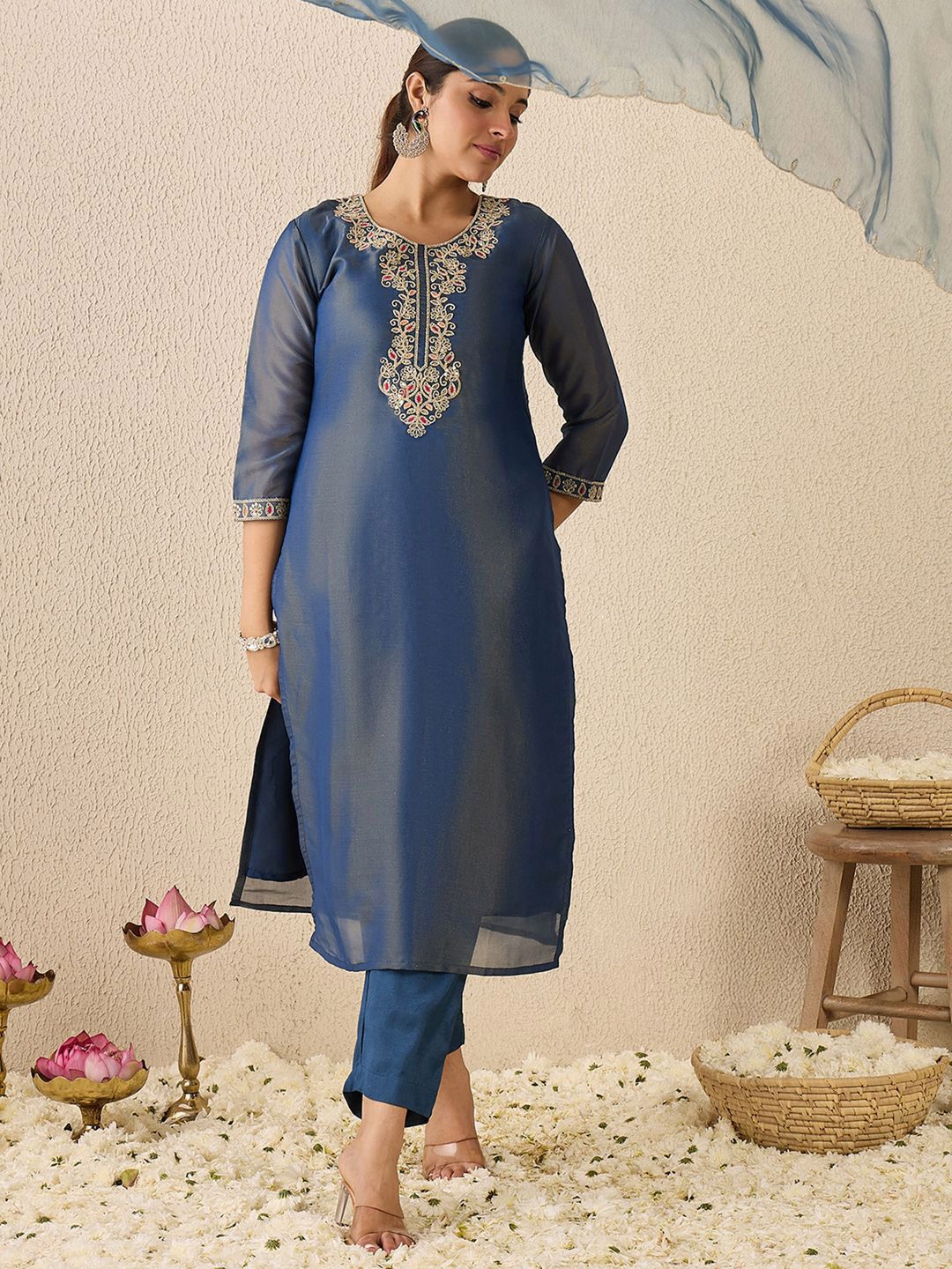 Dhiyona IE Women's Ethnic Motifs Embroidered Thread Work Liva Straight Kurta With Trousers & Dupatta