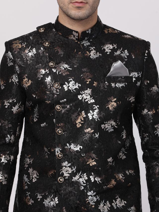 Men's Black Polyester Lurex Blend Asymmetric Sherwani Set