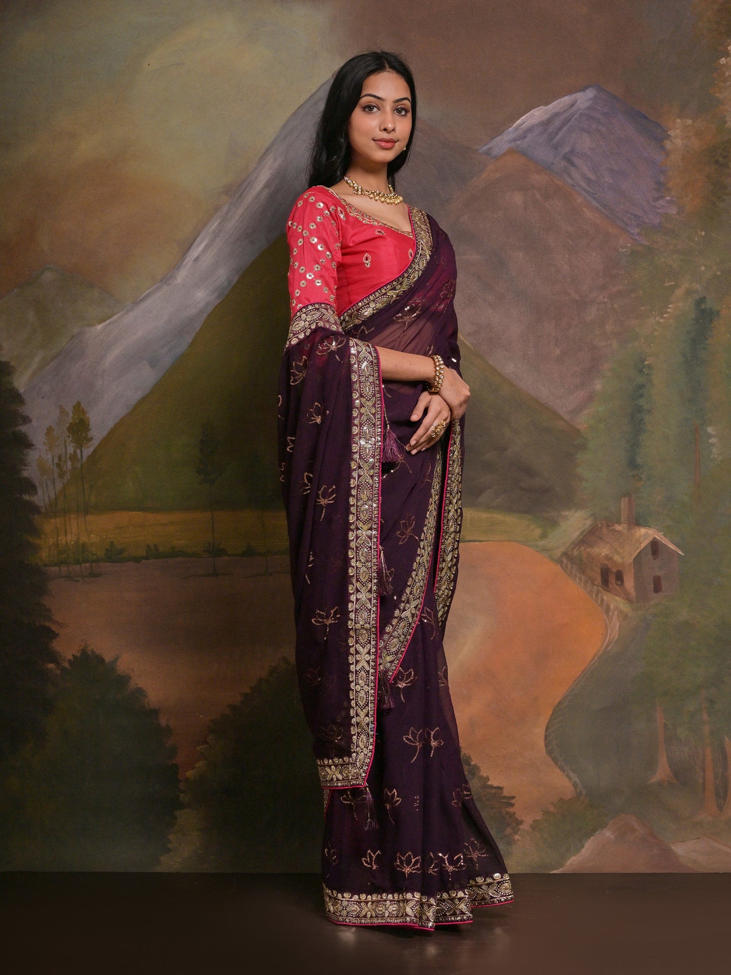 Women's Georgette Burgundy Embellished Designer Saree With Blouse Piece