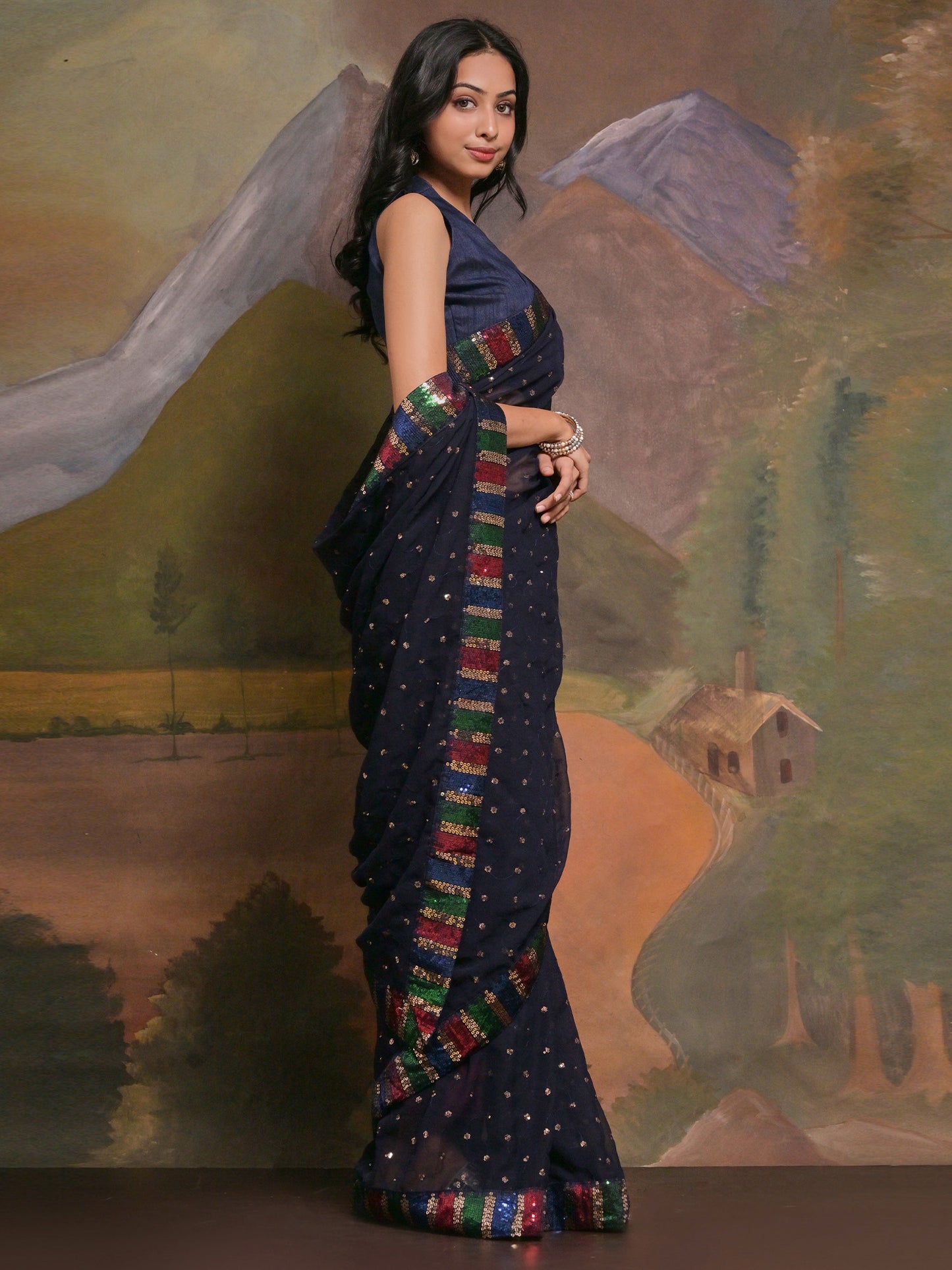 Women's Georgette Navy Blue Embellished Designer Saree With Blouse Piece