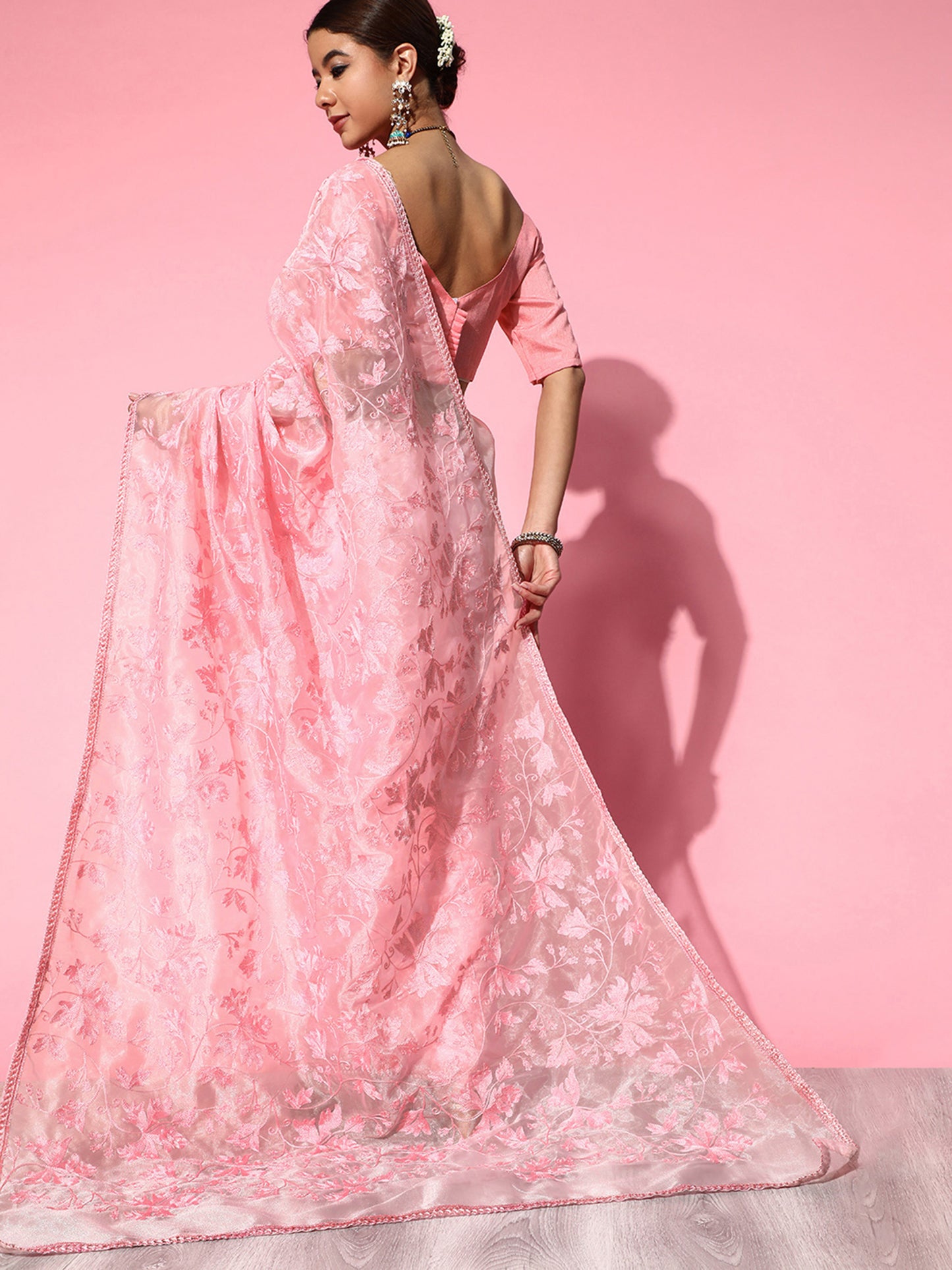 Women's Organza Pink Embroidered Designer Saree With Blouse Piece