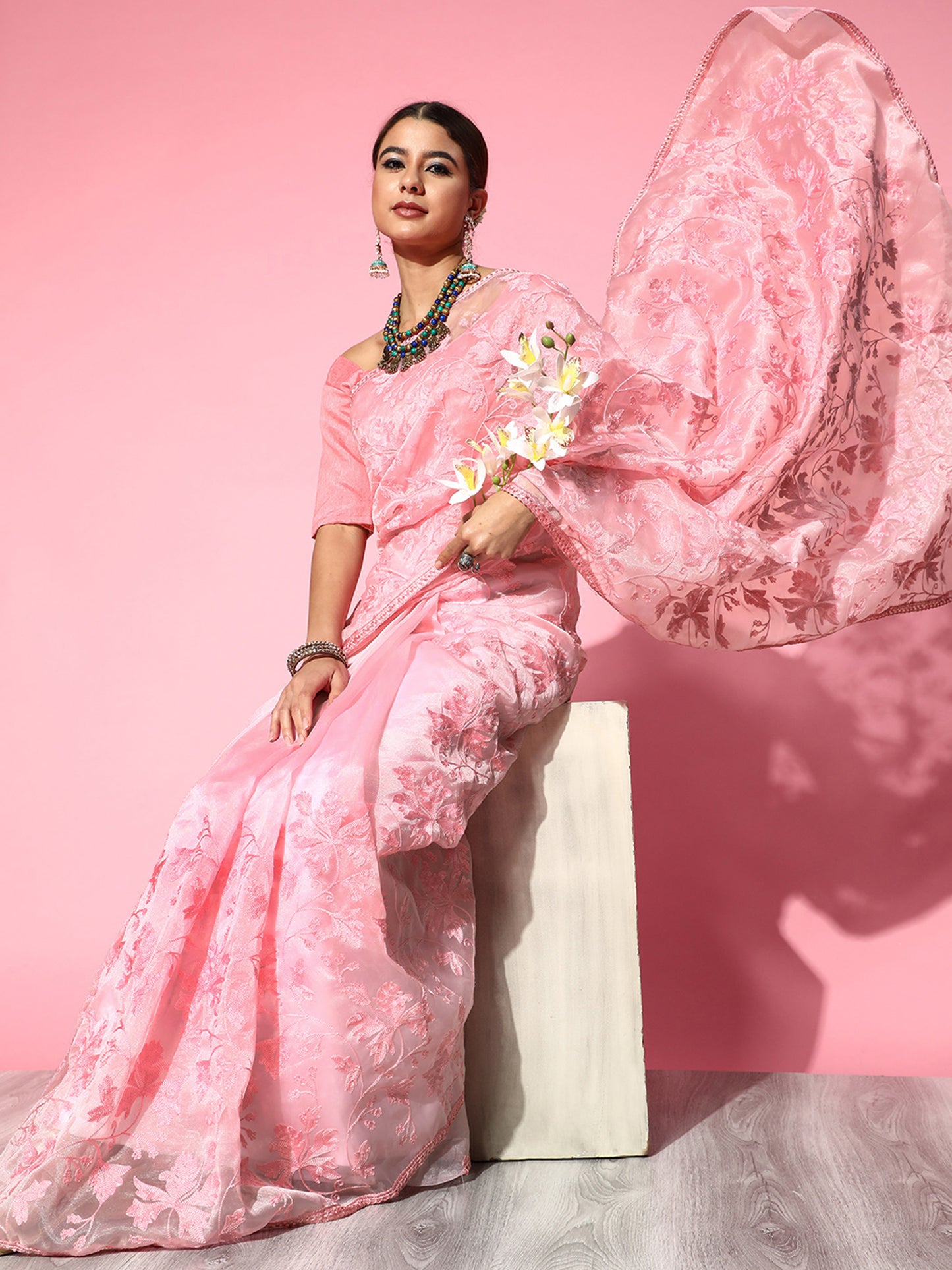 Women's Organza Pink Embroidered Designer Saree With Blouse Piece