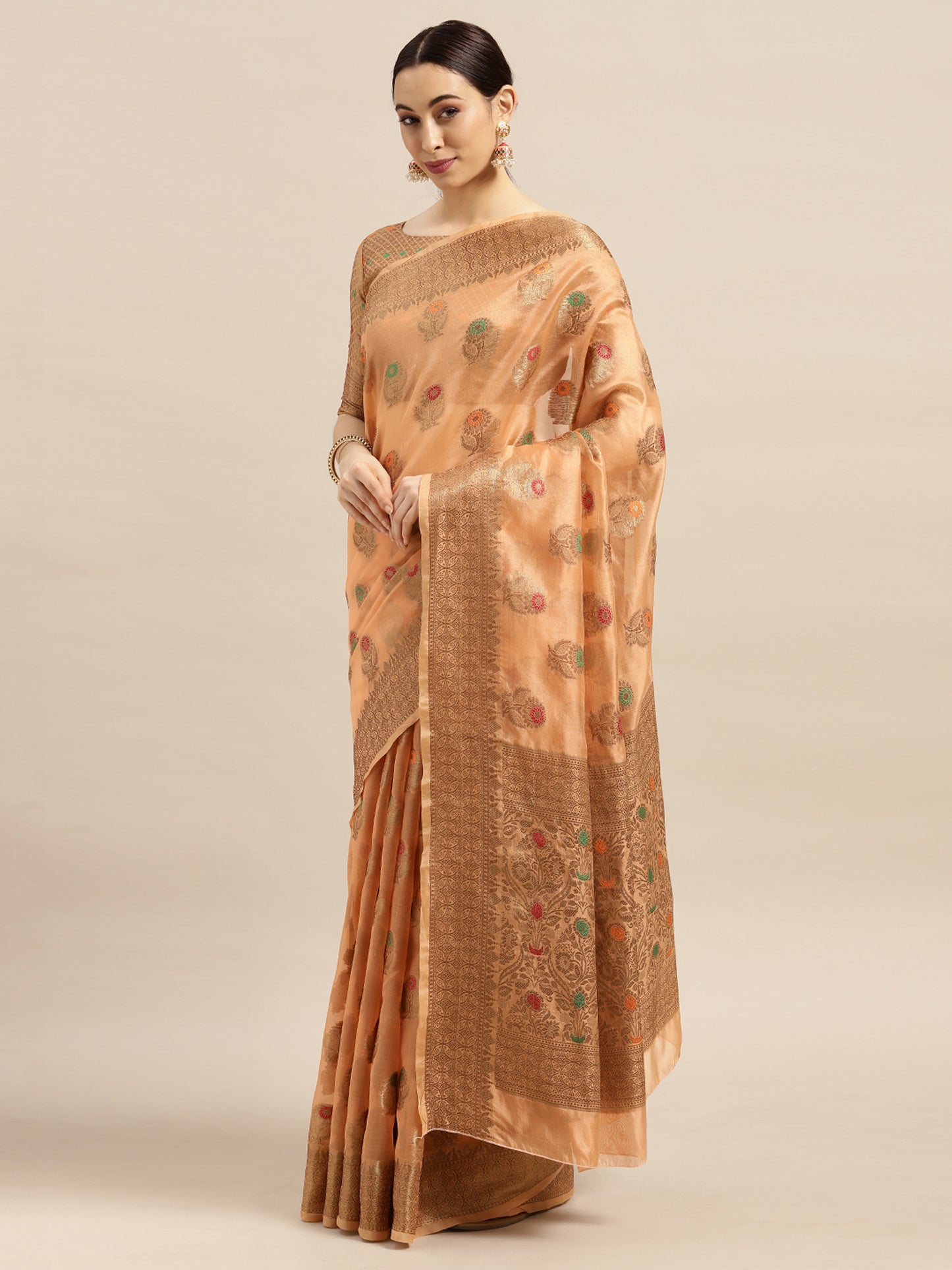 Women's Silk Blend Orange Woven Design Designer Saree With Blouse Piece