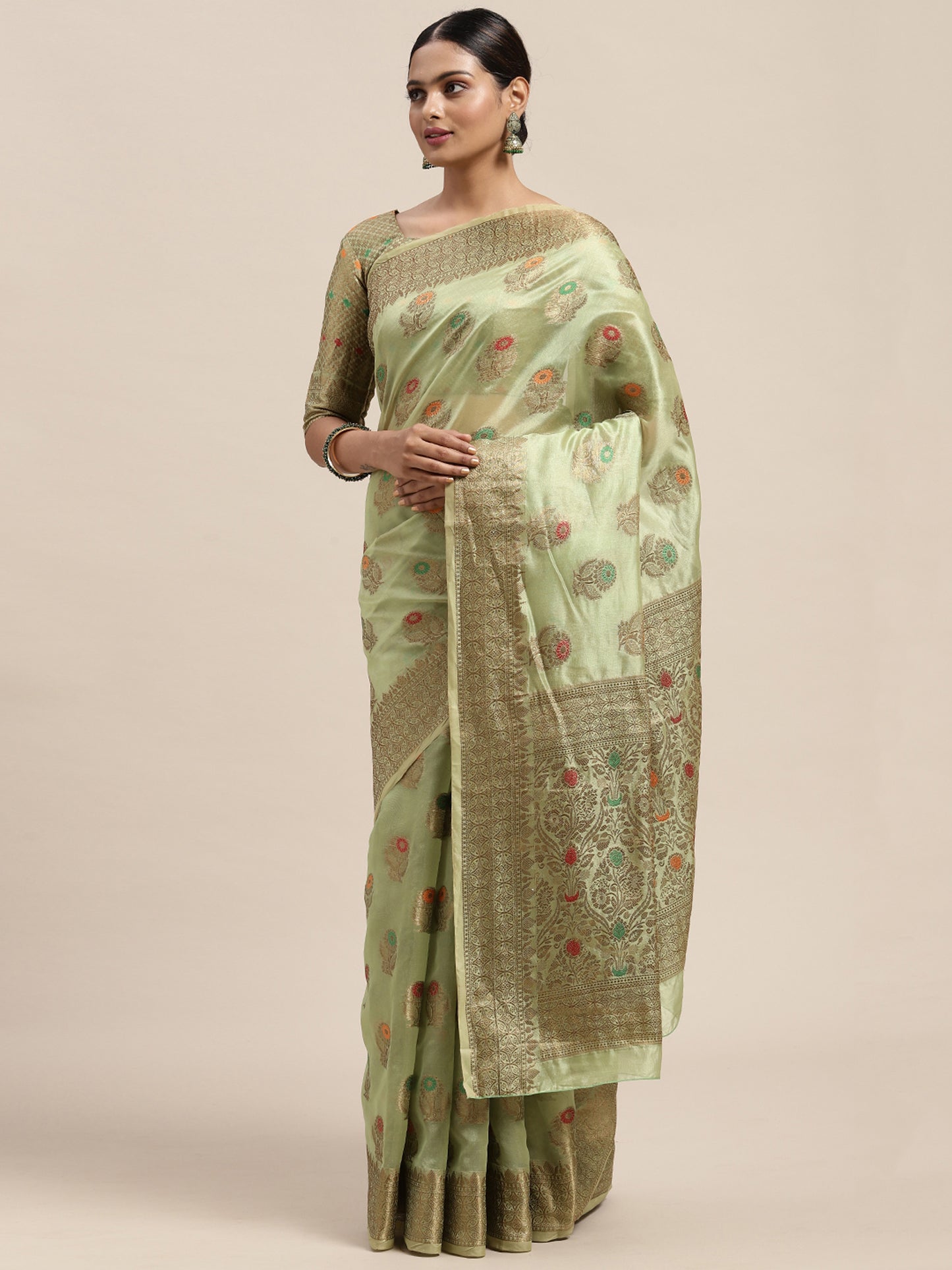 Women's Silk Blend Olive Woven Design Designer Saree With Blouse Piece
