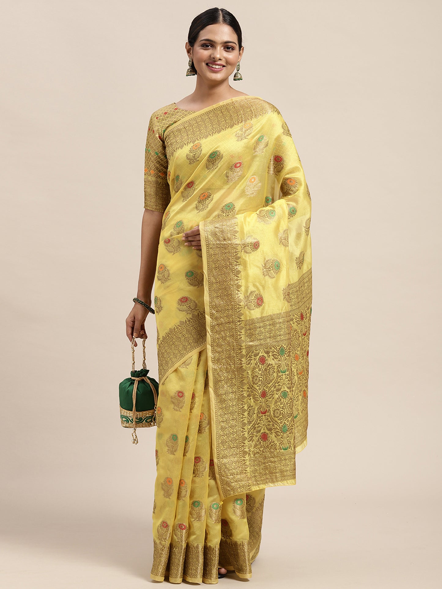 Women's Silk Blend Yellow Woven Design Designer Saree With Blouse Piece