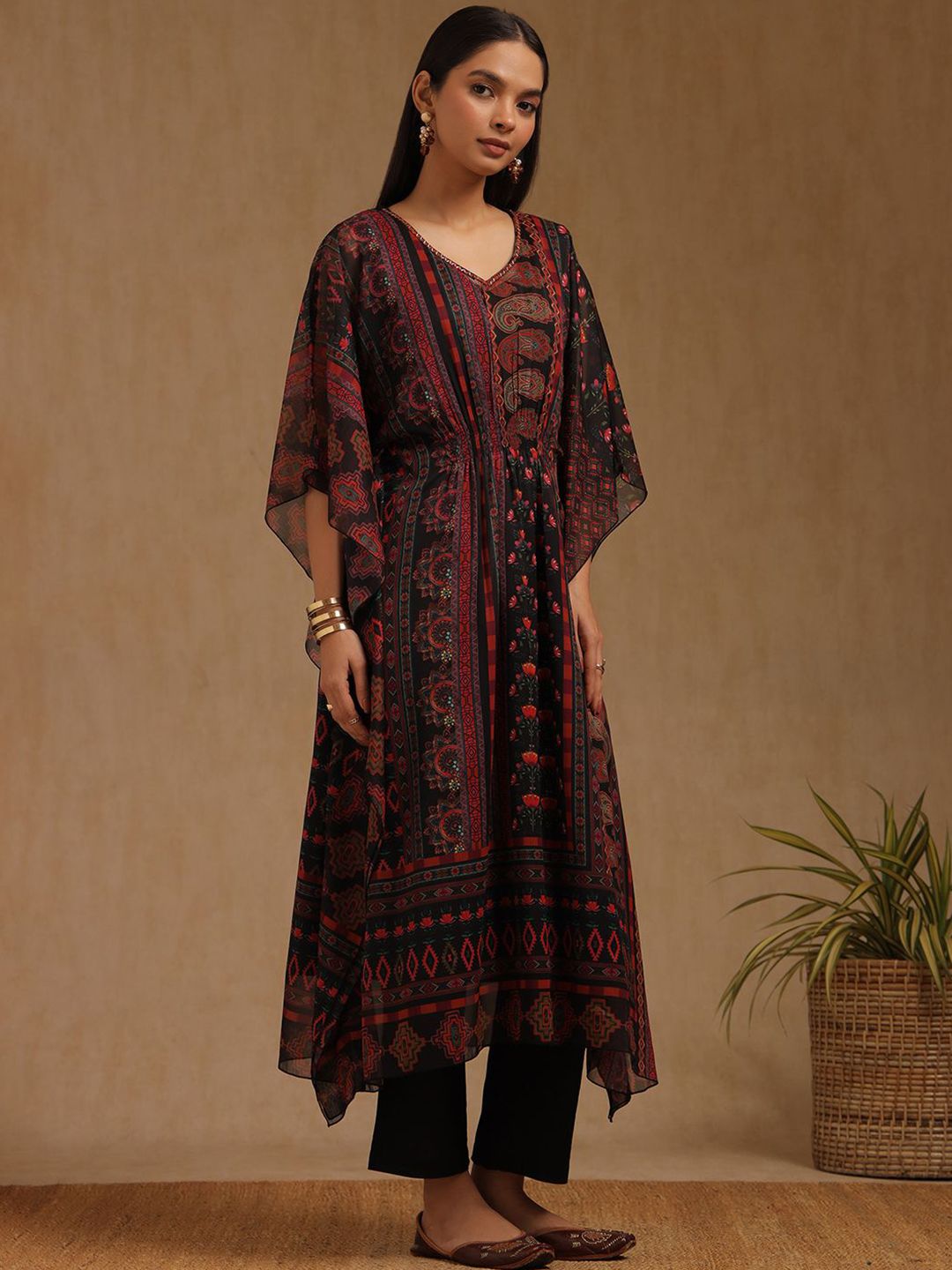 Dhiyona SO Women's Ethnic Motifs Printed Beads And Stones Kaftan Kurta With Trousers