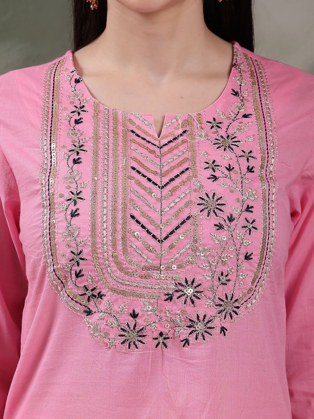 Dhiyona SN Women's Embroidered Pure Cotton Straight Kurta With Trousers & Dupatta