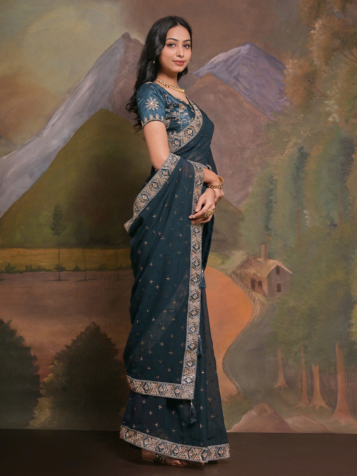 Women's Georgette Teal blue Embellished Designer Saree With Blouse Piece