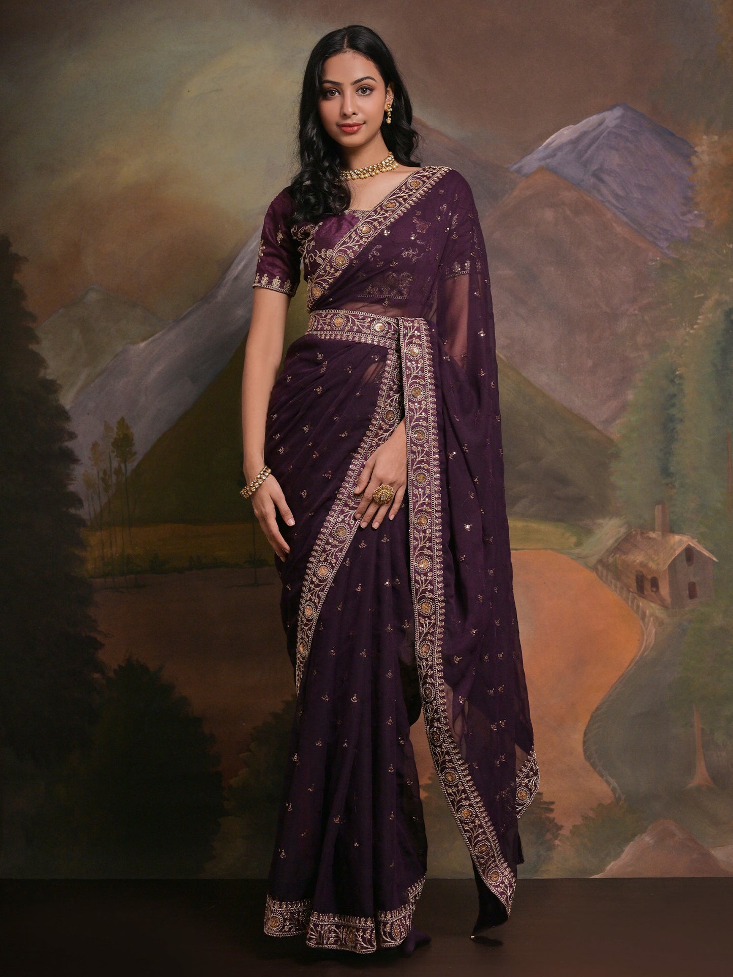 Women's Georgette Purple Embellished Designer Saree With Blouse Piece