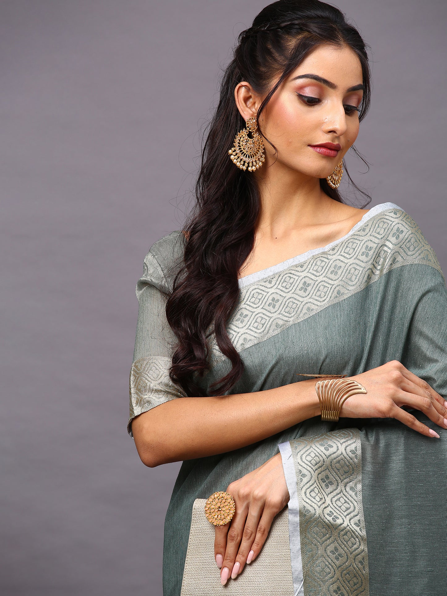 Women's Linen Blend Sea Green Woven Design Designer Saree With Blouse Piece