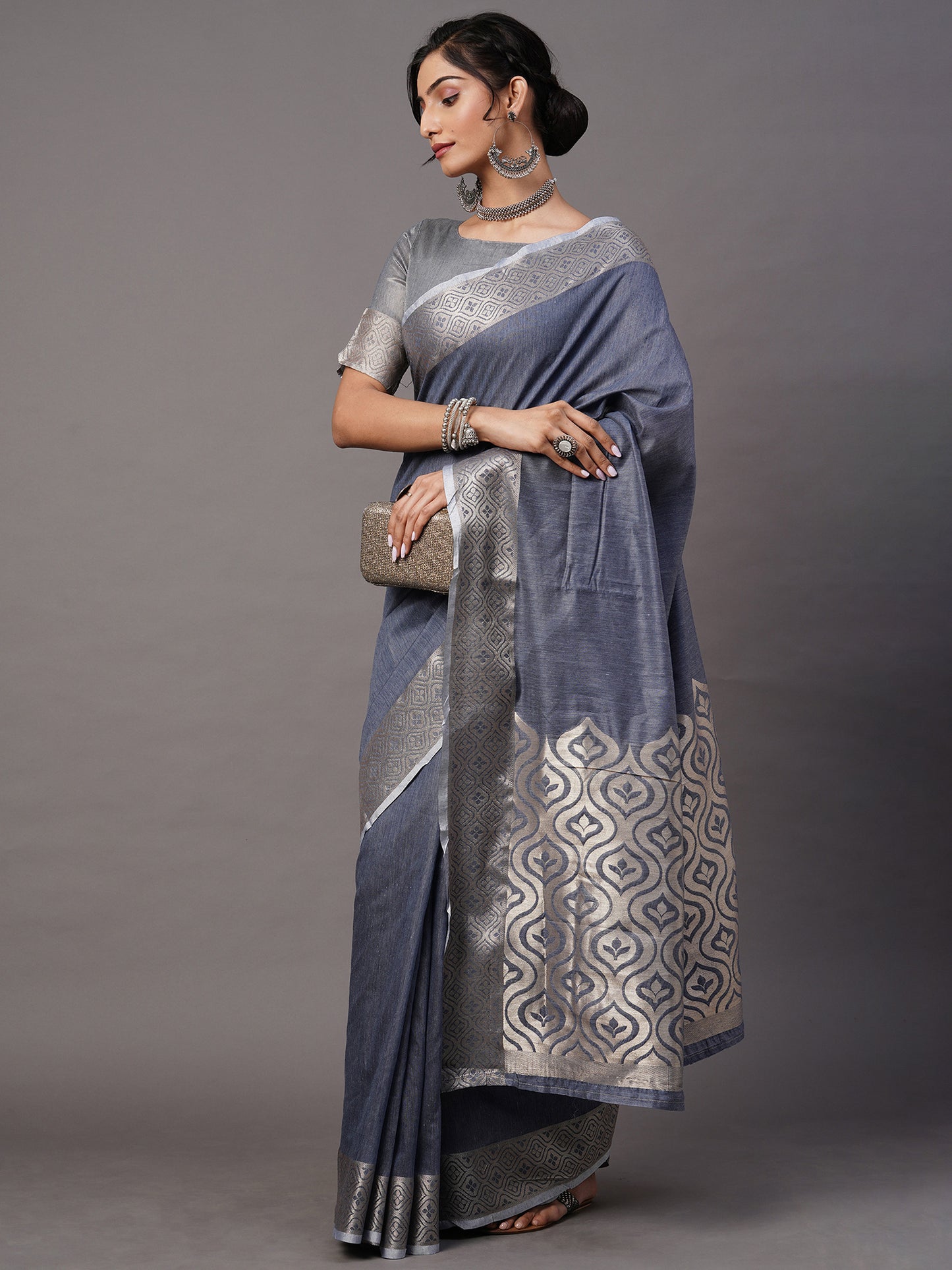 Women's Linen Blend Blue Woven Design Celebrity Saree With Blouse Piece