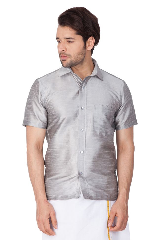Men's Grey Silk Blend Straight Ethnic Shirt
