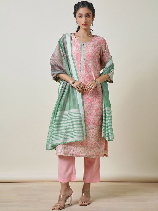 Dhiyona SO Women's Pink Ethnic Motifs Printed Thread Work Chanderi Silk Kurta With Trousers & Dupatta