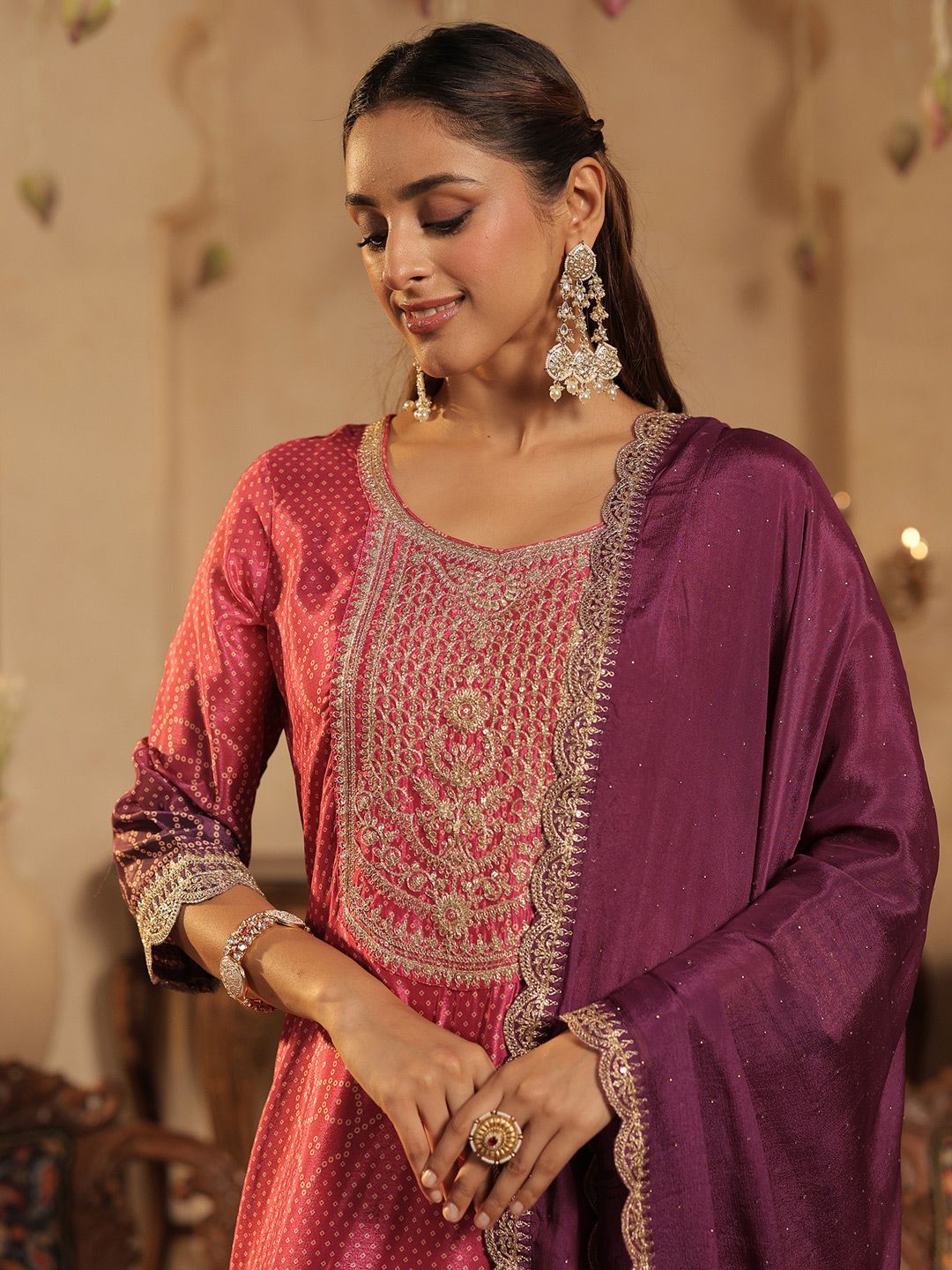 Bandhani Printed Straight Sequinned Kurta With Trousers & Dupatta