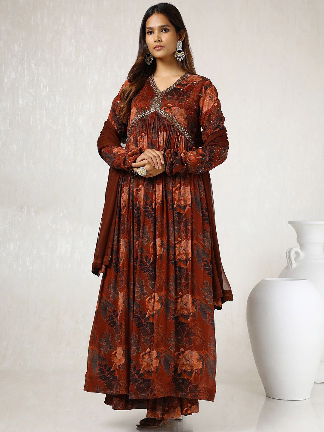 Dhiyona SO Women's Floral Printed Mirror Work Anarkali Kurta with Sharara & With Dupatta