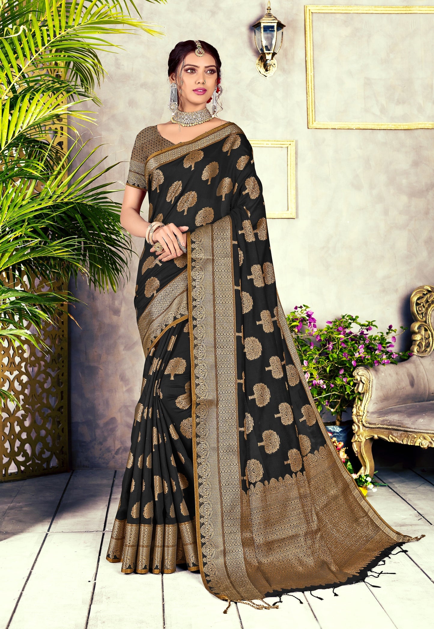 Dhiyona GR Women's GJ Black Diamond Ebony Black Zari Woven Design Cotton Blend Saree