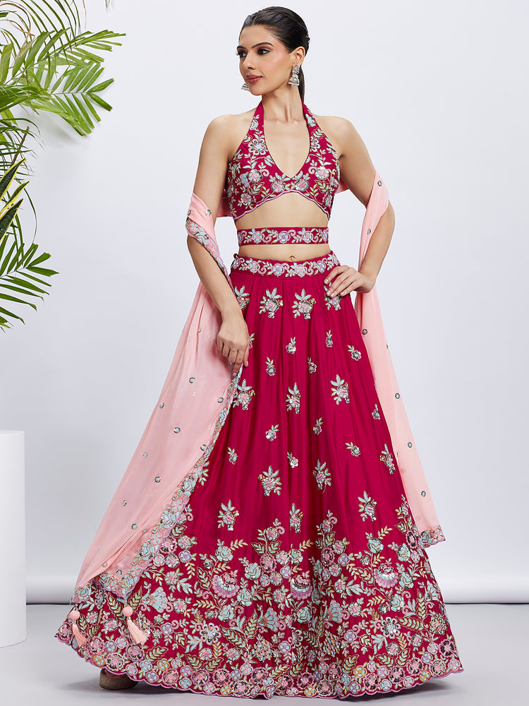 Women Rose Pure Georgette Sequins and thread embroidery Lehenga choli & Dupatta