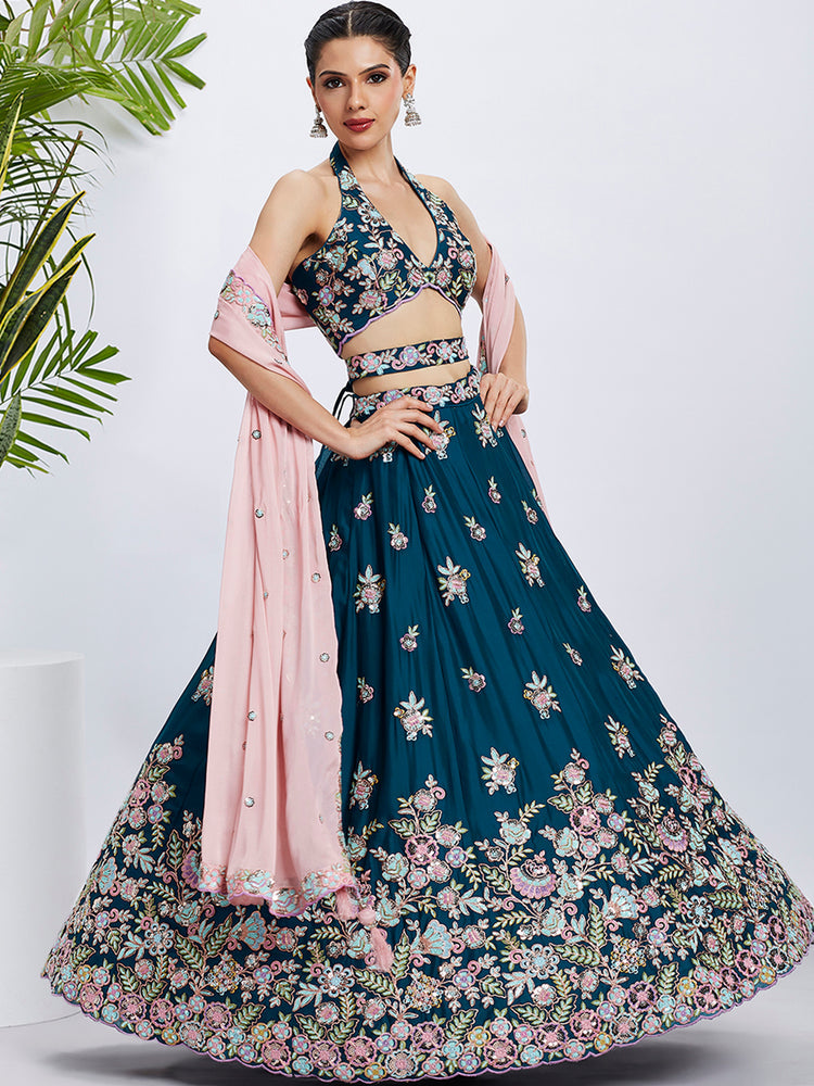 Women Teal Pure Georgette Sequins and thread embroidery Lehenga choli & Dupatta