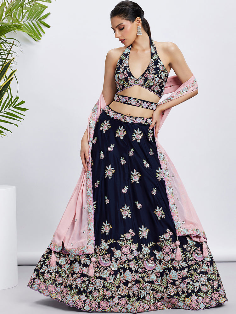 Women Navy blue Pure Georgette Sequins and thread embroidery Lehenga choli & Dupatta