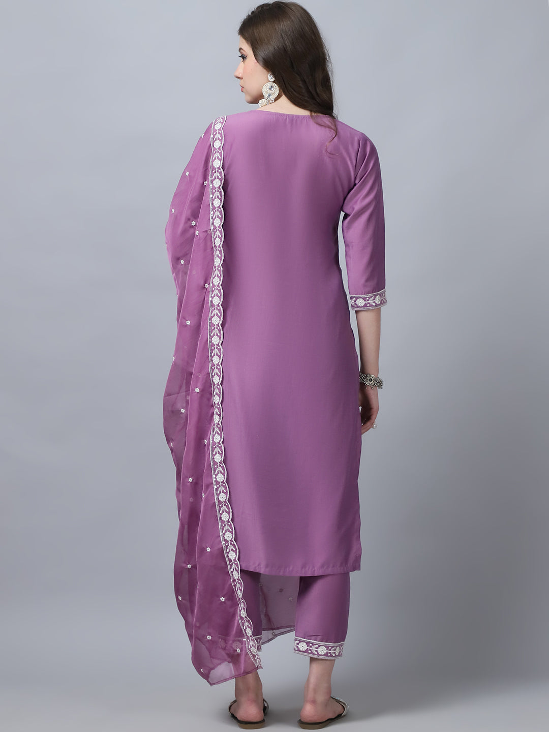 Women's Pink Embroidery silk Kurta, Pant And Dupatta Set