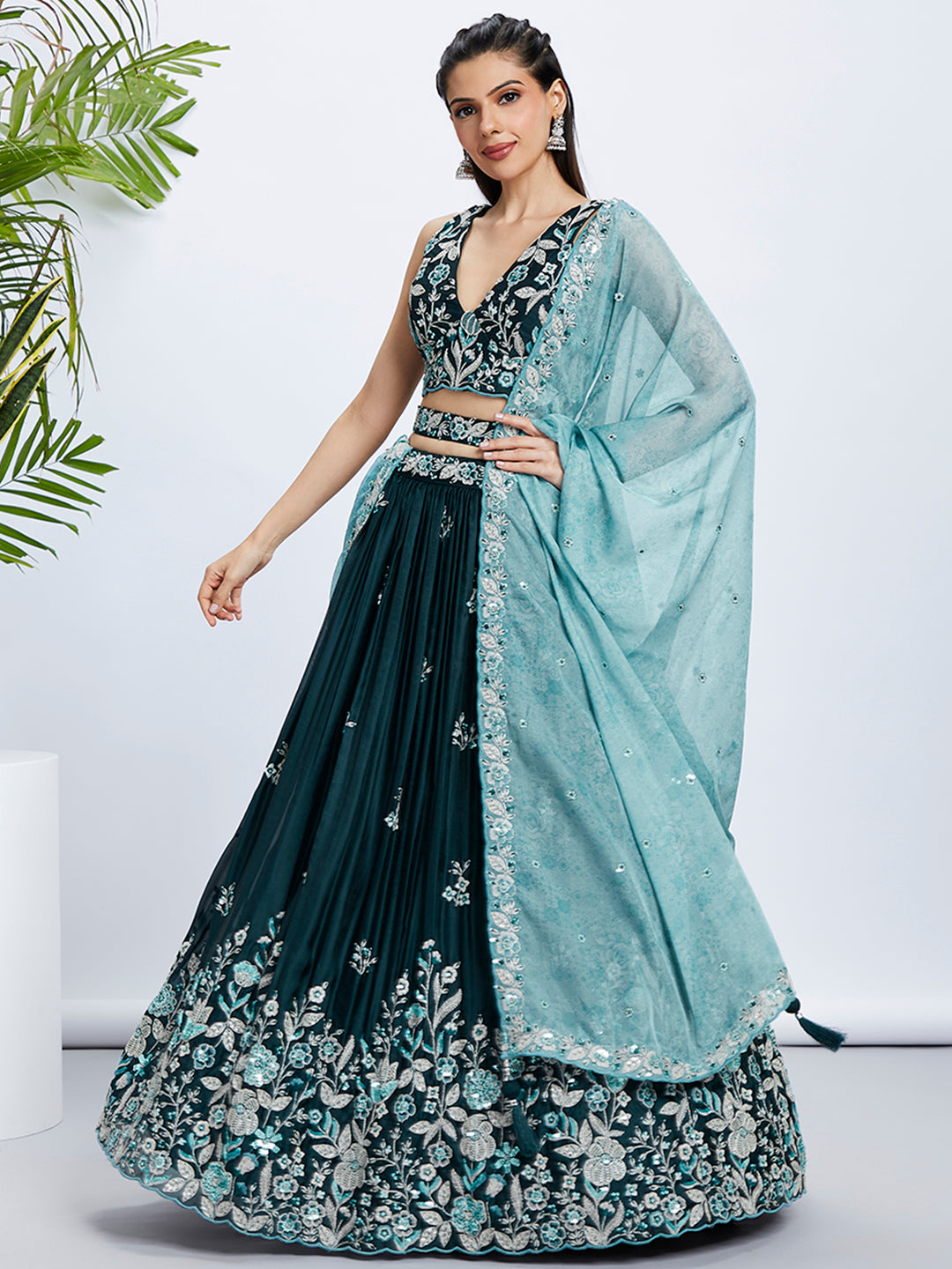 Women Teal Pure Georgette Sequins and thread embroidery Lehenga choli & Dupatta