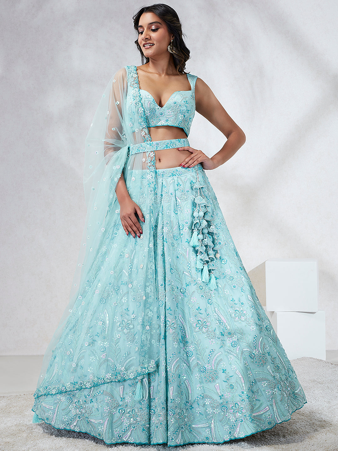 Women Turquoise Blue Georgette Sequins and thread embroidery Lehenga choli & Dupatta
