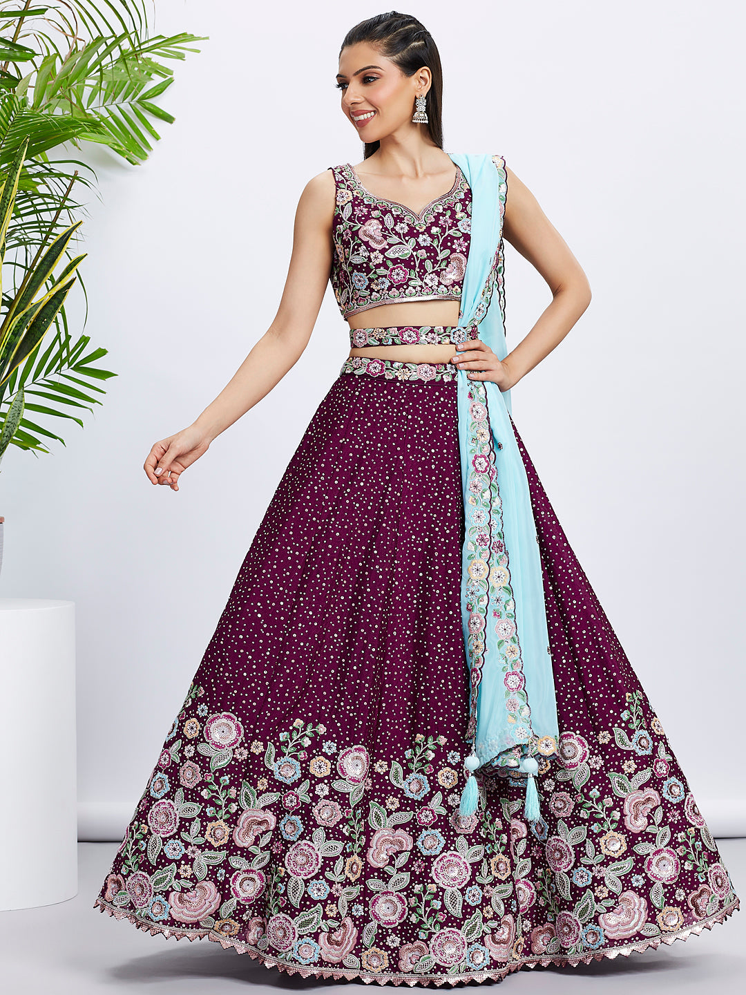 Women Burgundy Pure Chiffon Sequins and thread embroidery Lehenga choli & Dupatta