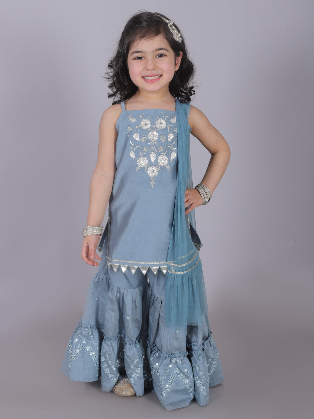 Zarqa Girls Blue Kurta with Sharara and dupatta set