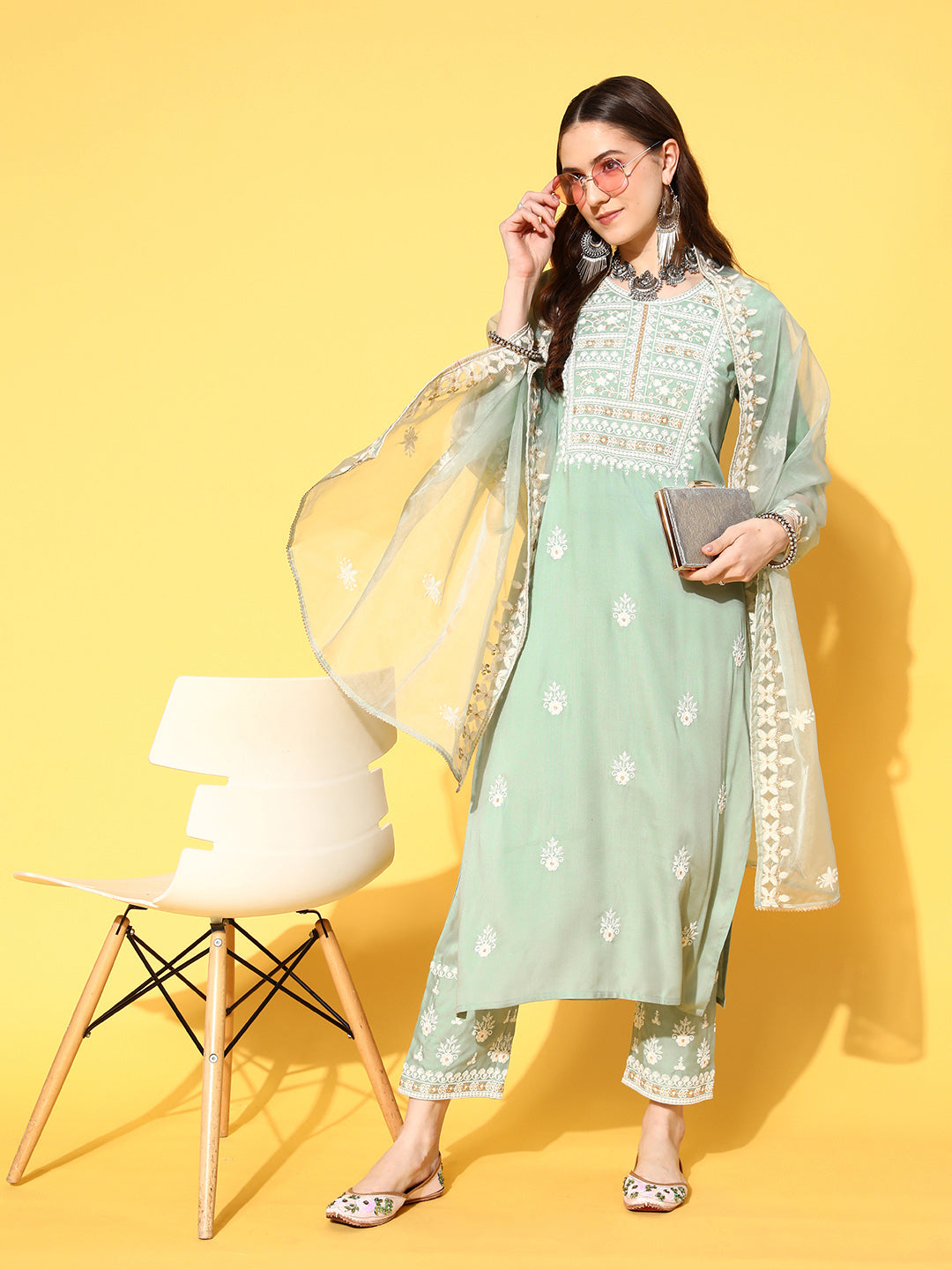 Dhiyona VR Women's Sea Green Embroidered Kurta Paired With Tonal Trouser And Dupatta