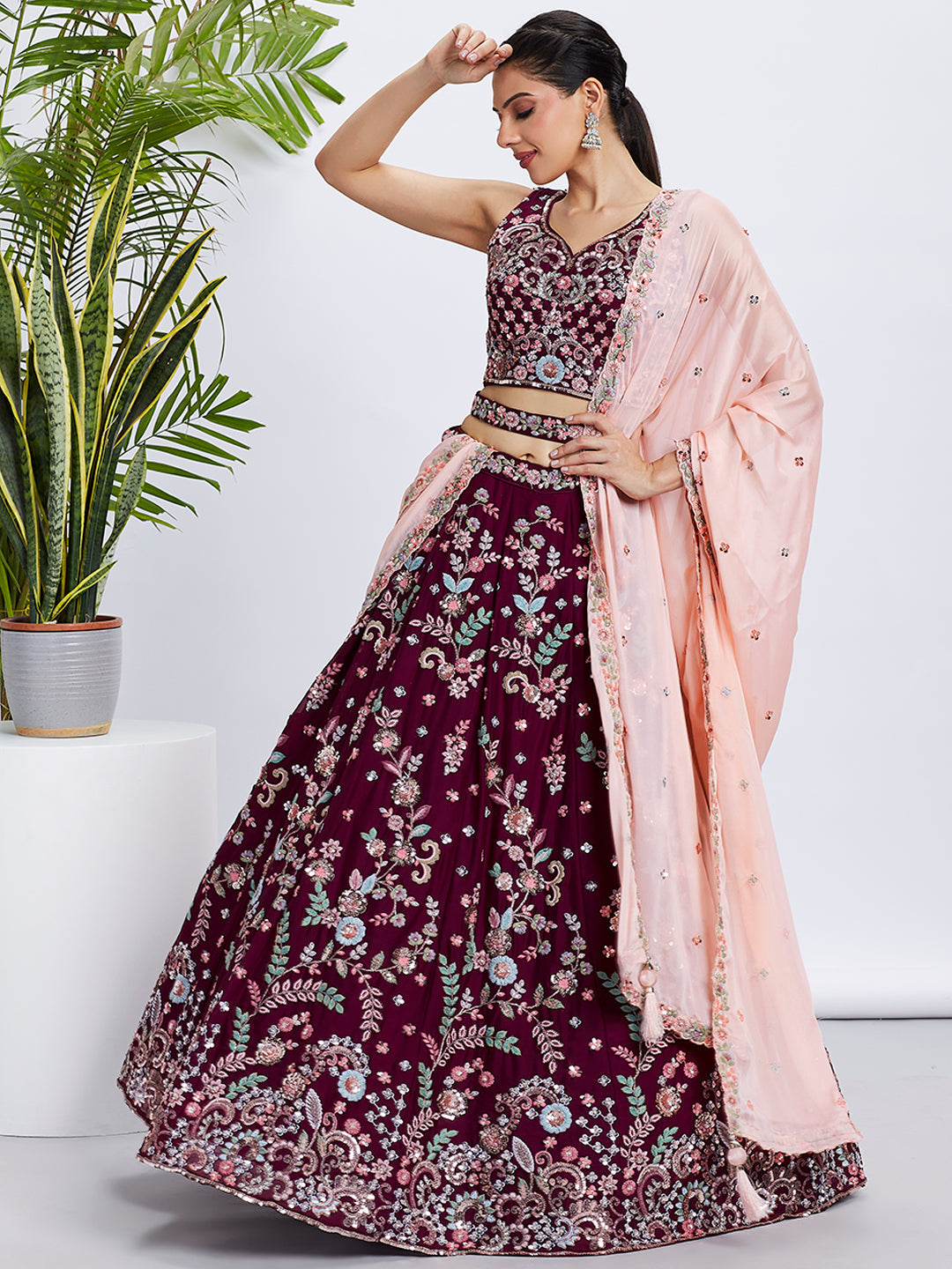 Women Burgundy Pure Georgette Sequins and thread embroidery Lehenga choli & Dupatta