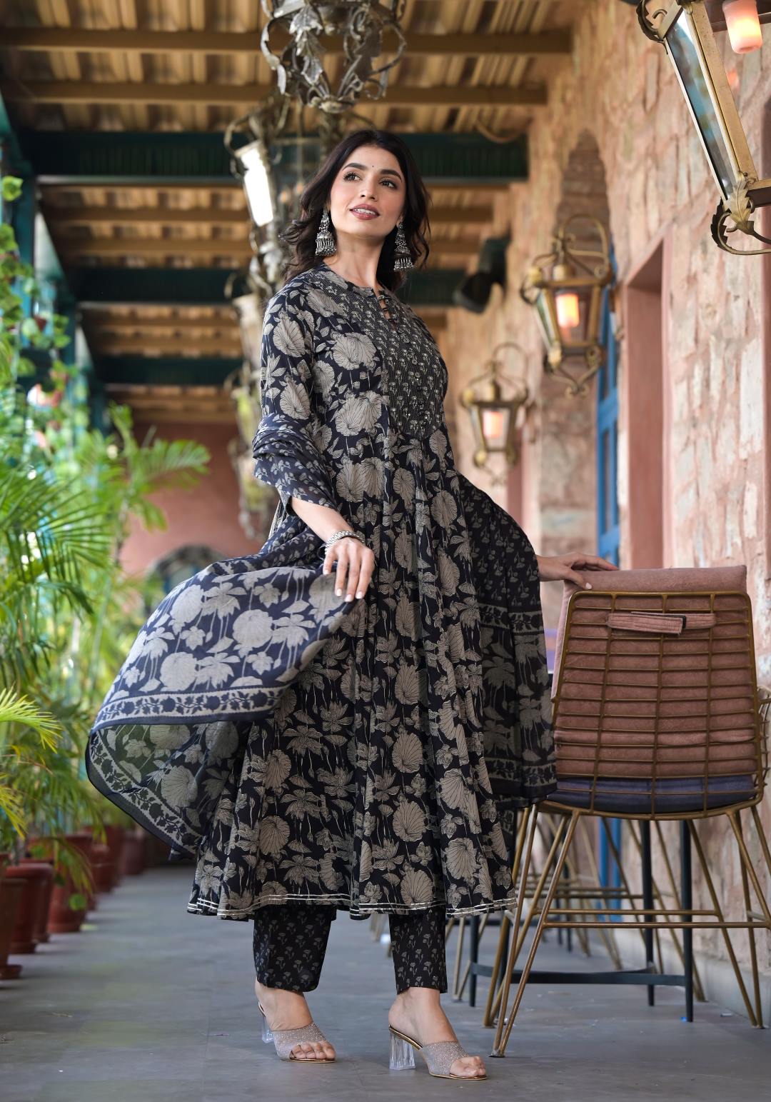 Dhiyona VR Women's Black Mandarin Collar Embellished Yoke Three-Quarter Sleeves Paired With Printed Bottom And Dupatta