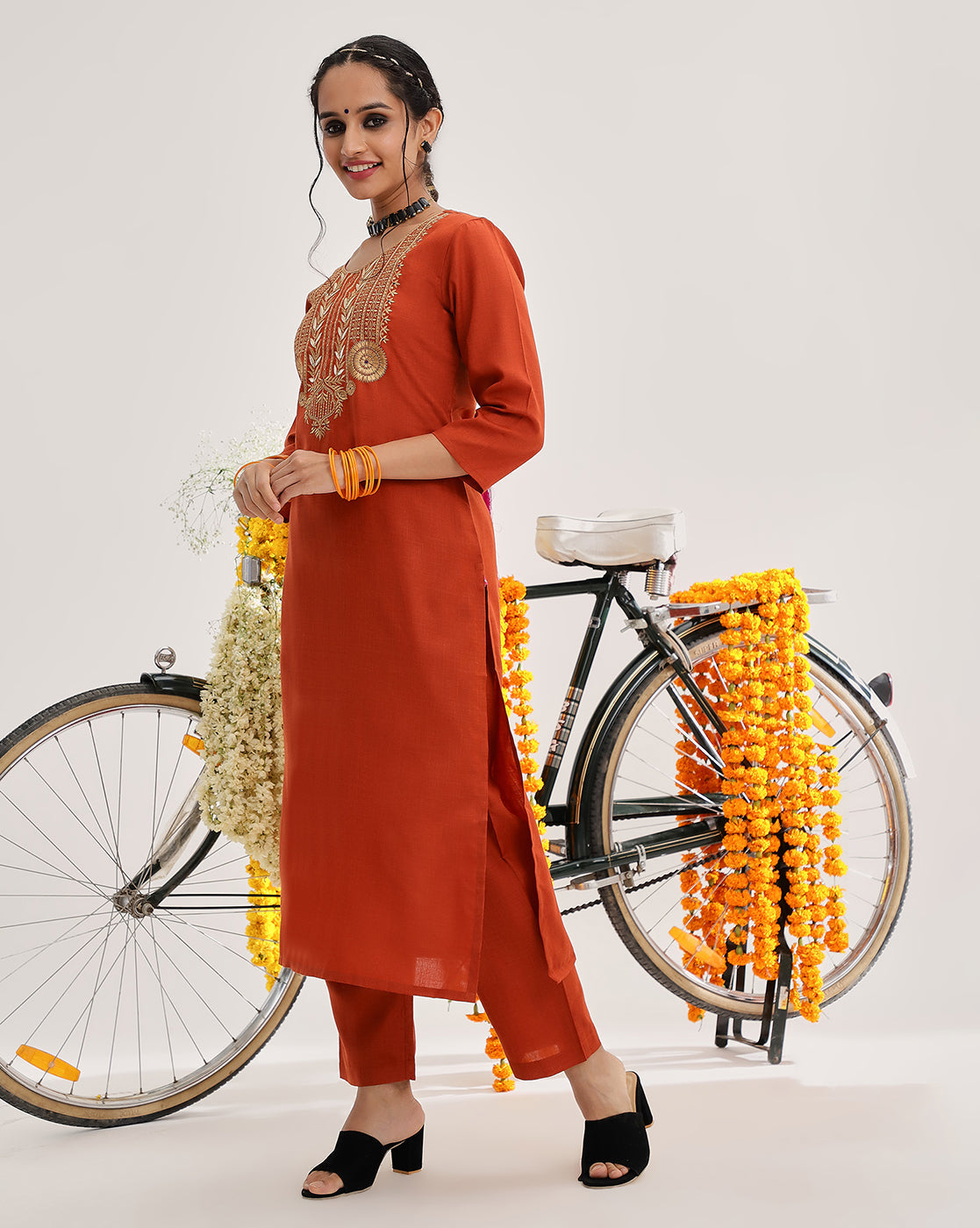 Dhiyona VR Women's Rust Yoke Embroidered Straight Kurta Paired With Tonal Bottom And Contrast Printed Dupatta