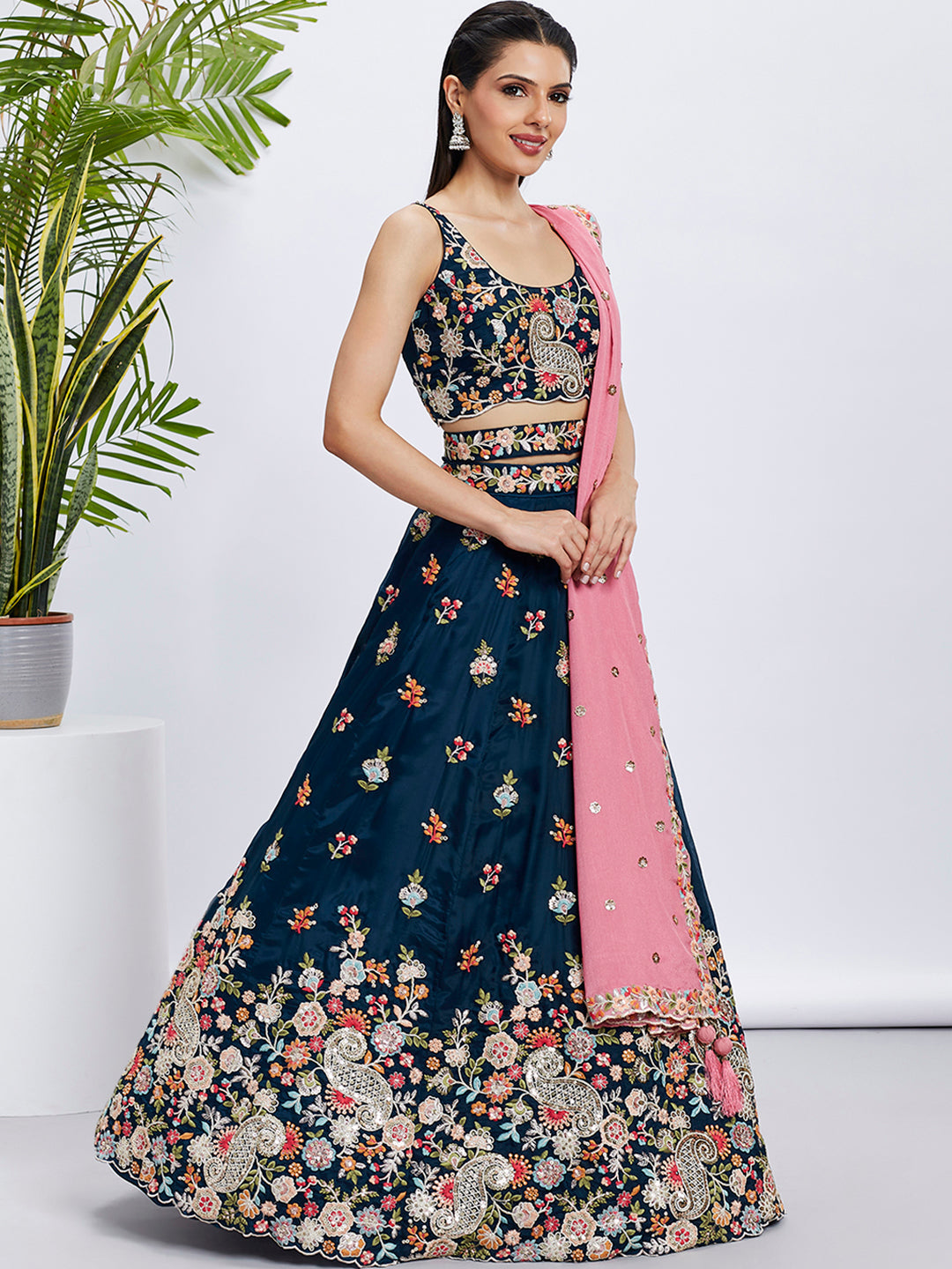 Women Navy blue Organza Sequins and thread embroidery Lehenga choli & Dupatta