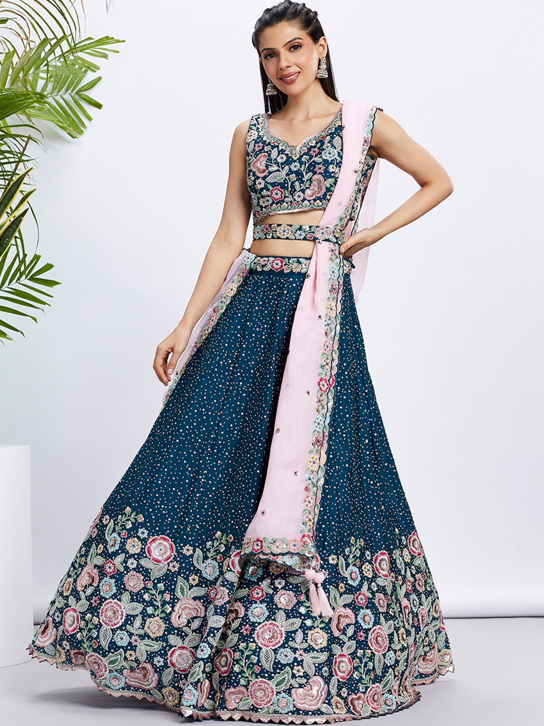 Women Navy blue Pure Chiffon Sequins and thread embroidery Lehenga choli & Dupatta