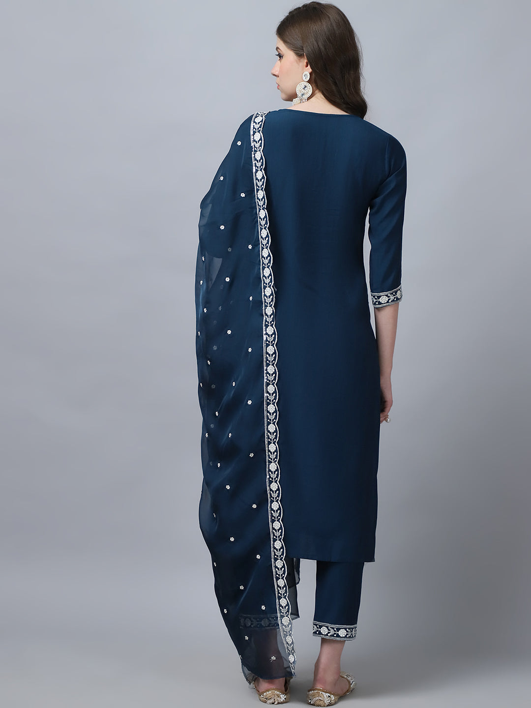 Women's Peach Embroidery silk Kurta, Pant And Dupatta Set
